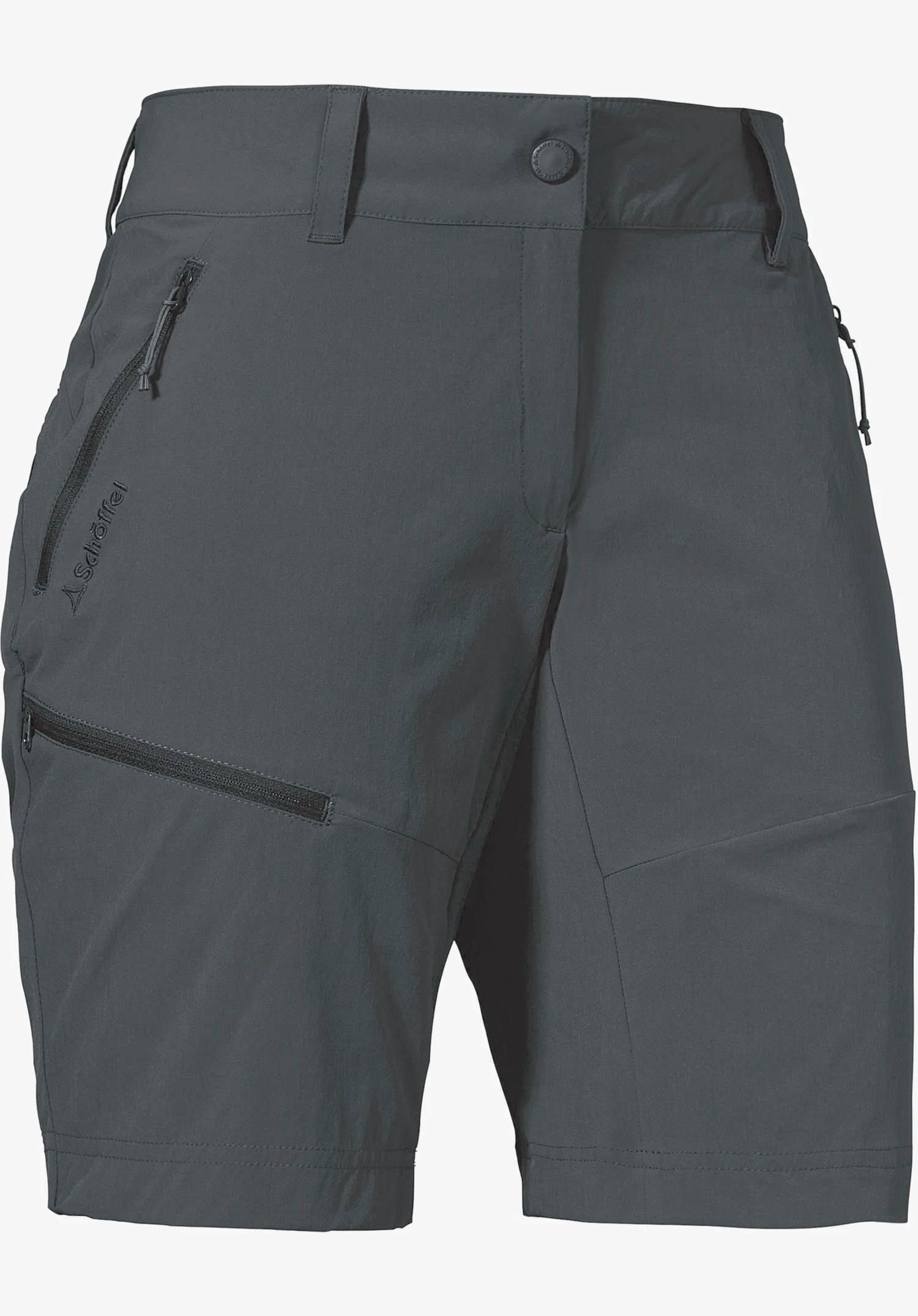 Shorts Toblach2 as functional grey hiking shorts featuring zip pockets, a thigh pocket and belt loops with visible Schöffel lettering, isolated on a white background.