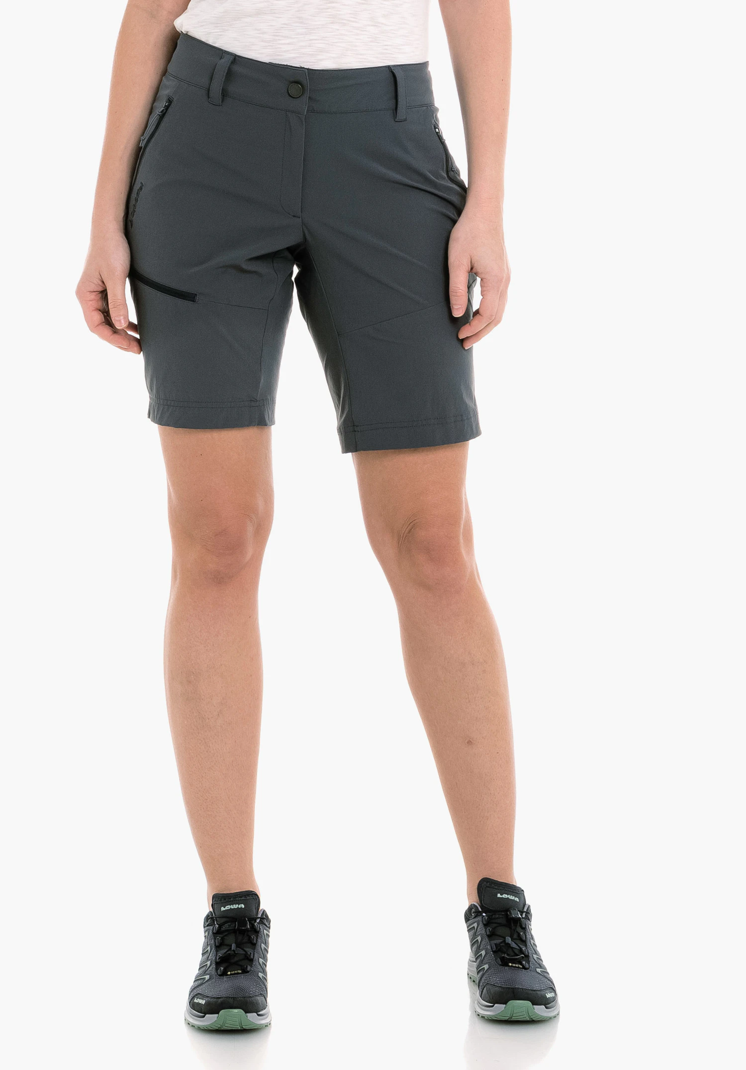 Shorts Toblach2 in grey on a model standing frontally, with a visible Schöffel-Logo on the right side, in front of a neutral background.