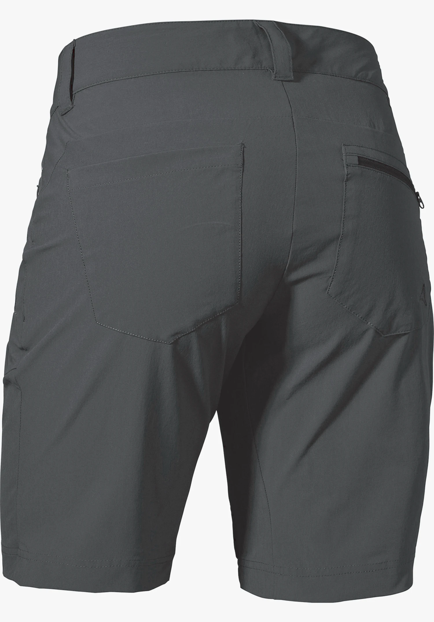 Shorts Toblach2 in grau zeigt die Rückansicht mit zwei Gesäßtaschen und dem Schöffel-Logo auf der rechten Seite, freigestellt vor weißem Hintergrund.