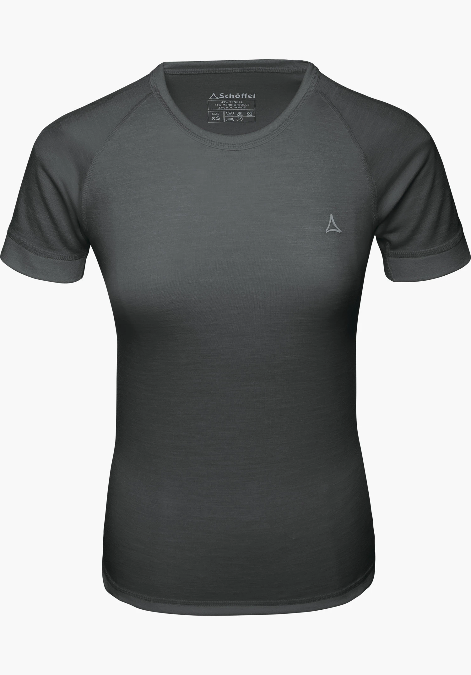 Merino Sport Shirt 1/2 Arm W black T-shirt, front view; Schöffel logo on the right chest; inner label text: “Schöffel 43% TENCEL 34% MERINO WOOL 23% POLYAMIDE SIZE XS” and care symbols.