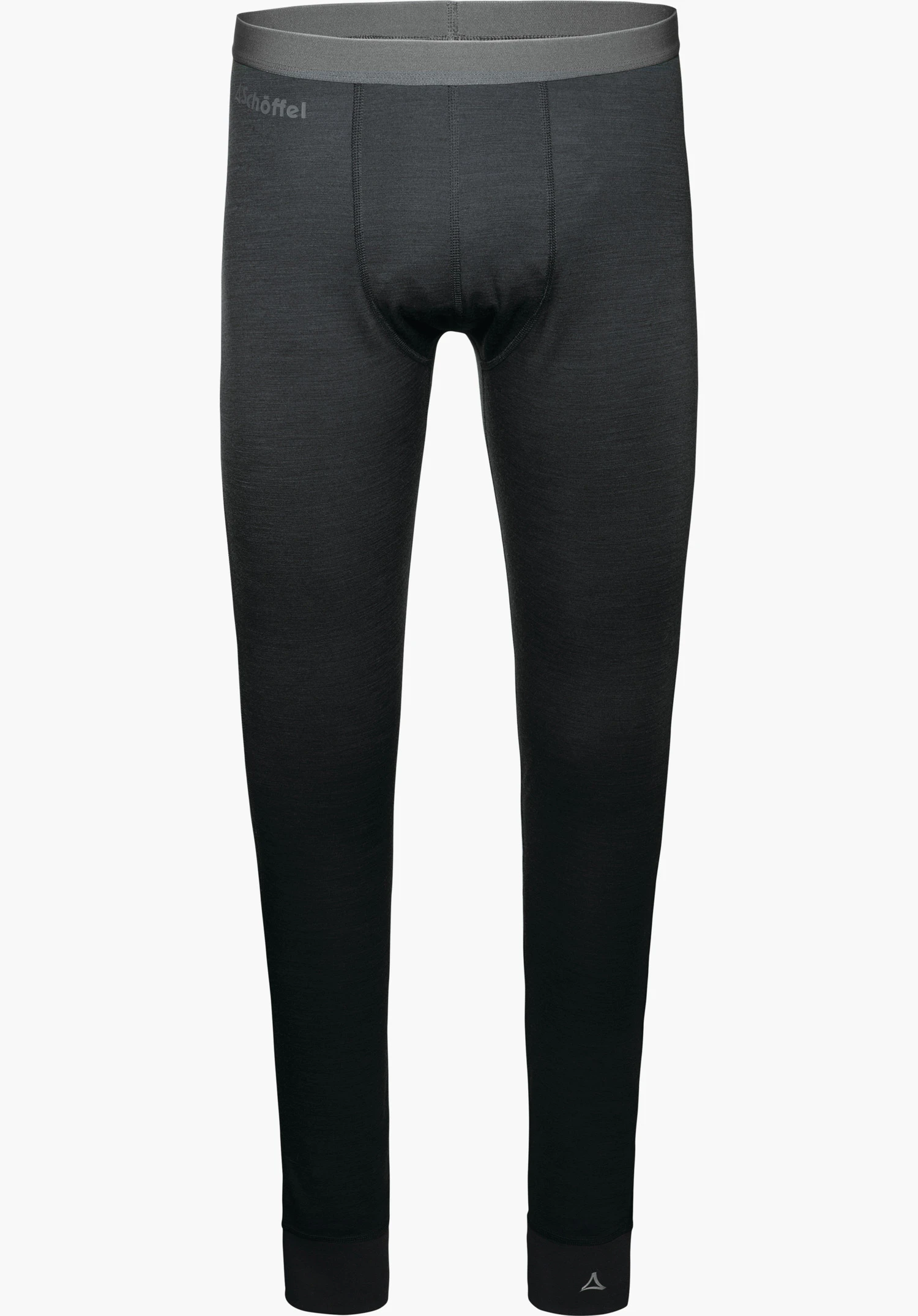 Merino Sport Pants long M dark grey long thermal bottoms, front view, with grey waistband; “Schöffel” lettering on the waistband and Schöffel logo at the leg hem; white background.