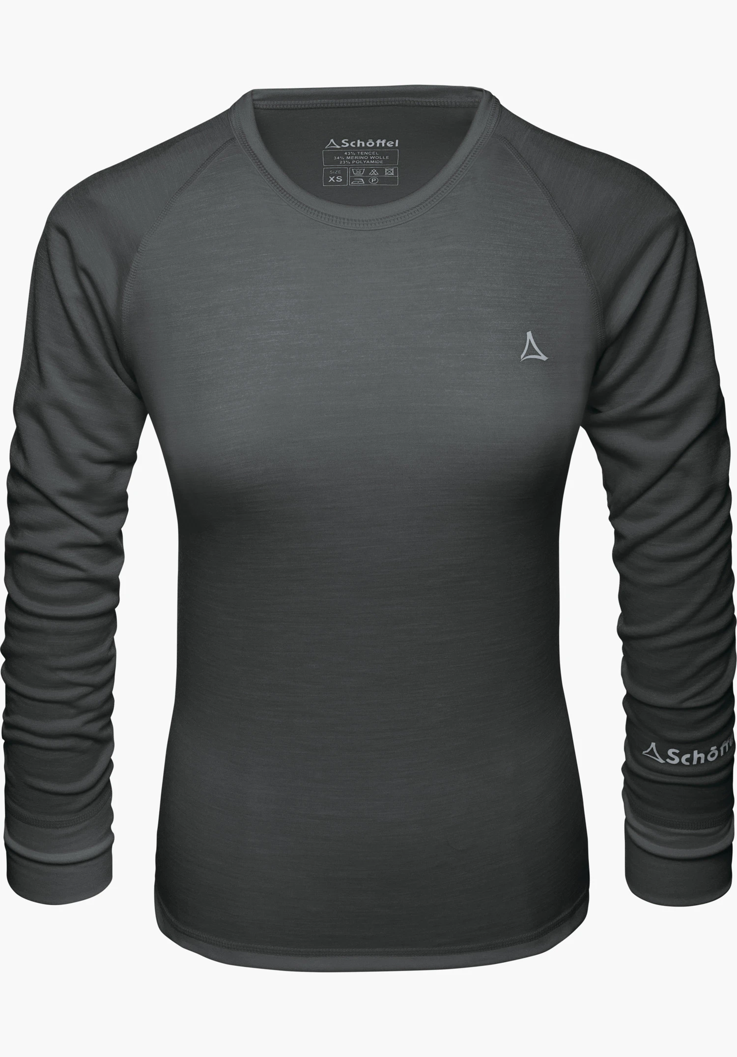 Merino Sport Shirt 1/1 Arm W Schwarzes Langarmshirt, frontal präsentiert; Schöffel-Logo rechts auf der Brust; Innenetikett-Schriftzug: "Schöffel 43% TENCEL 34% MERINO WOLLE 23% POLYAMID SIZE XS" und Waschsymbole.