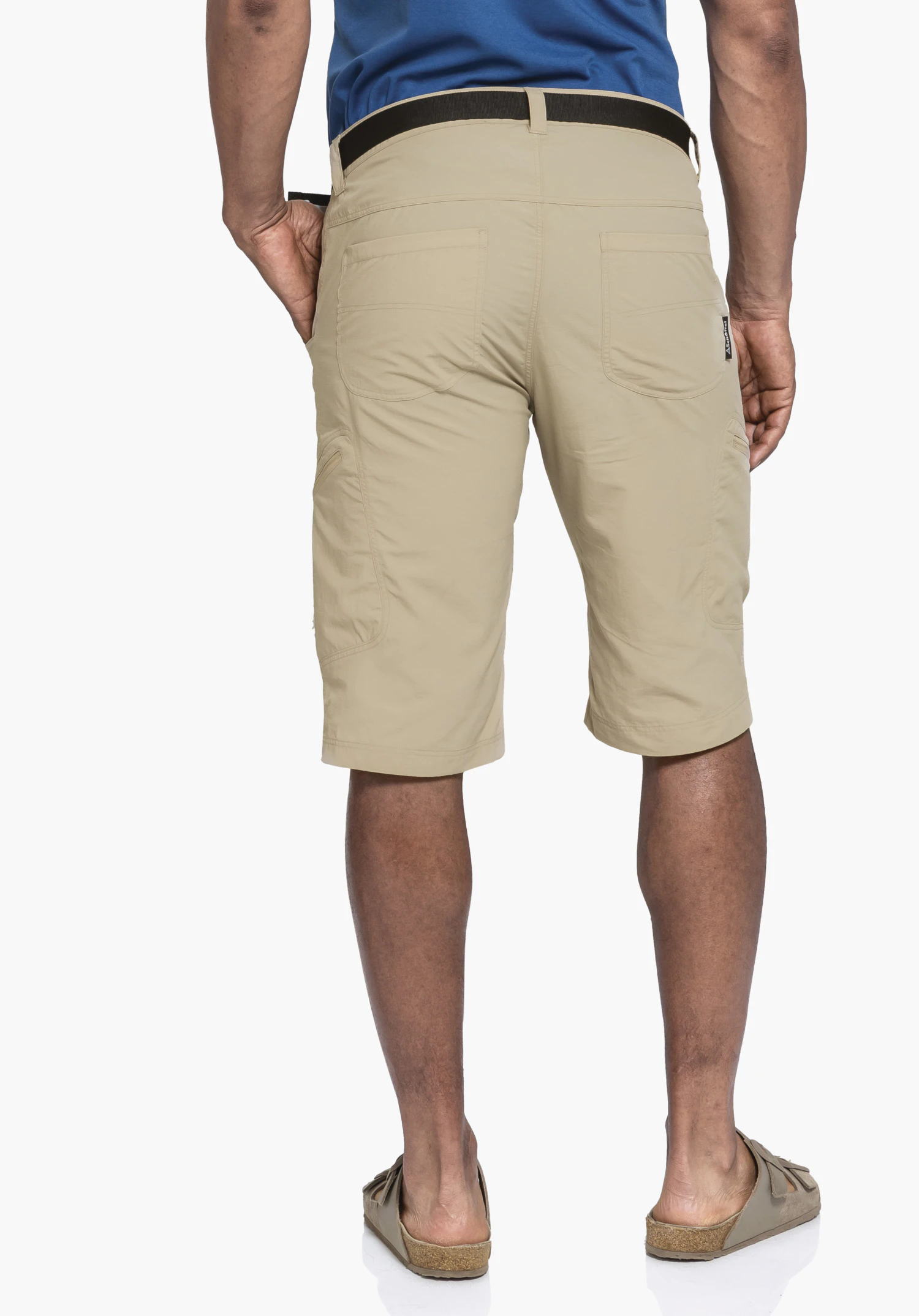 Shorts Silvaplana2 in beige, shown in a back view on a model against a neutral background, with the Schöffel logo visible on the rear pocket.