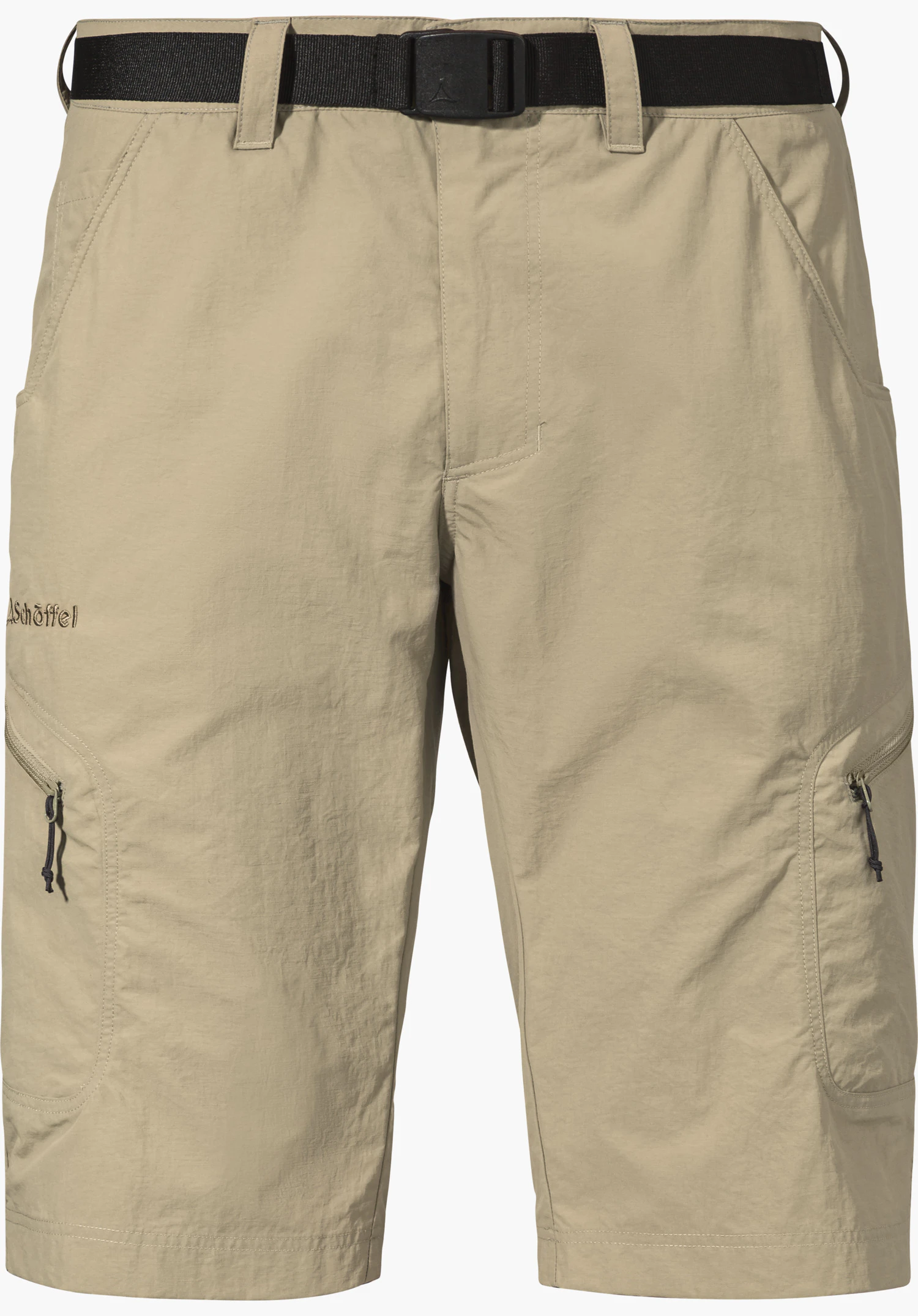 Shorts Silvaplana2 in beige with a black belt, side zip pockets and a visible Schöffel logo on the trouser leg, isolated on a white background.