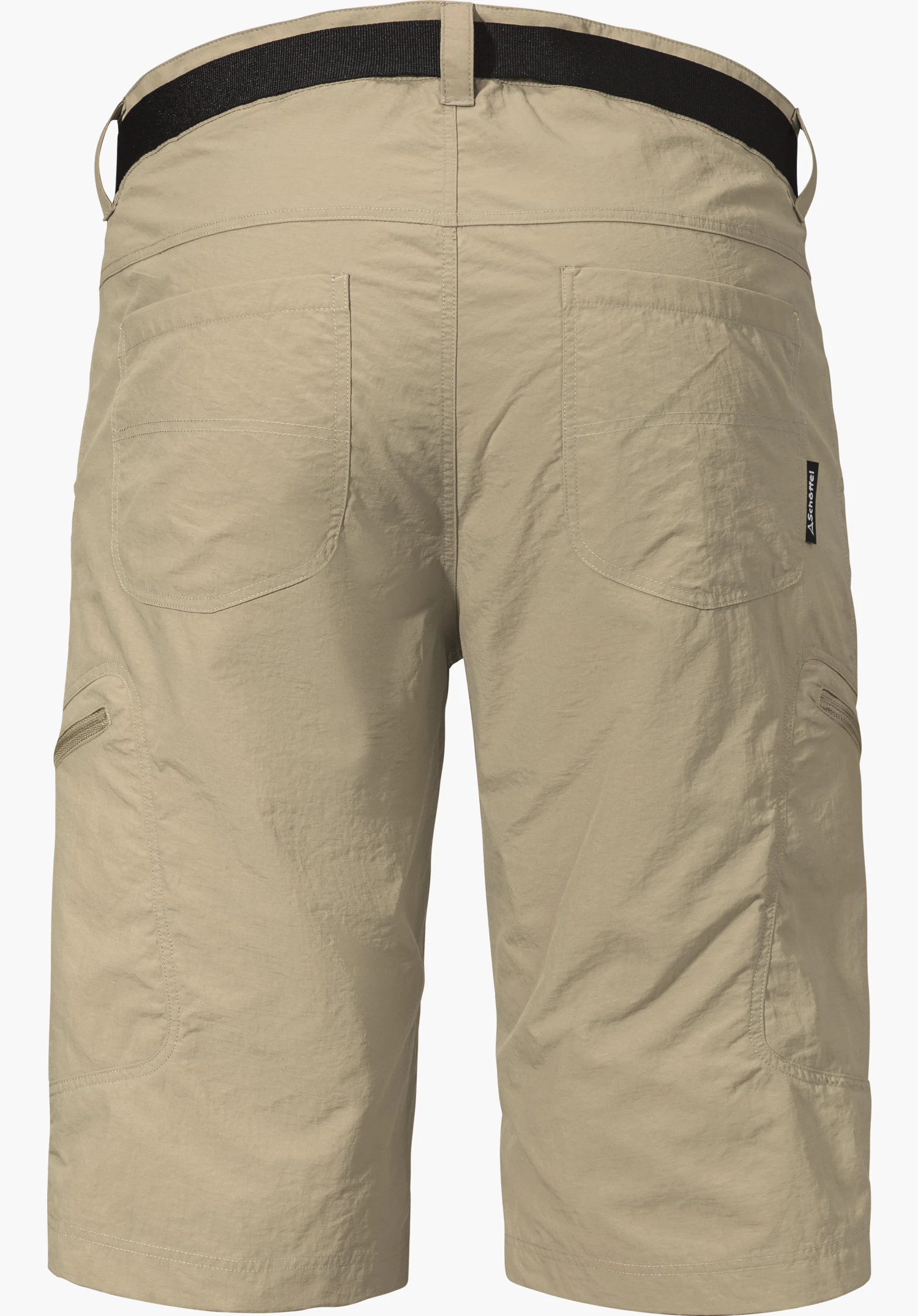 Shorts Silvaplana2 in beige shown from the back with two back pockets, a black belt and a small Schöffel logo, isolated against a white background.