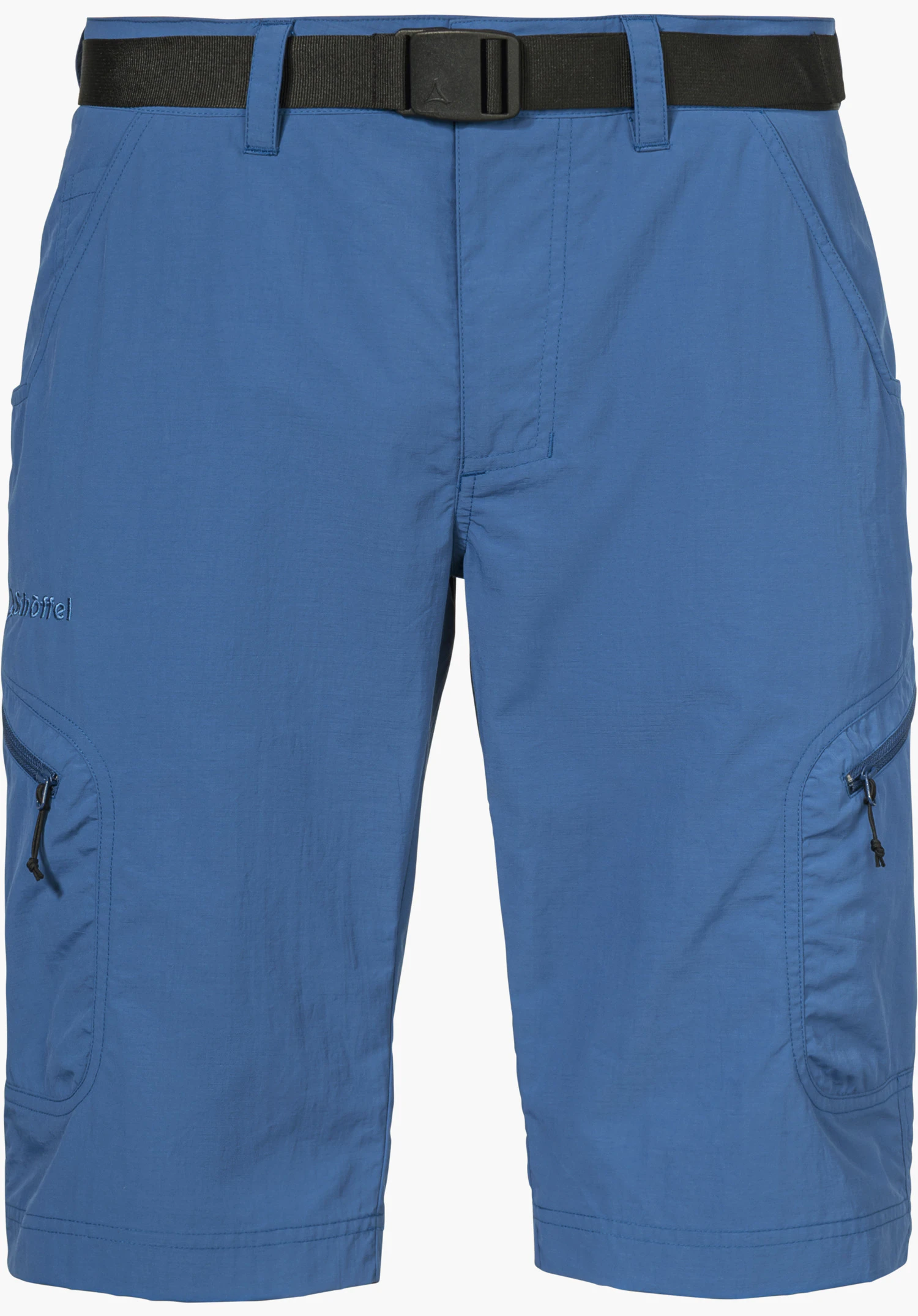 Shorts Silvaplana2 in blue with a black belt, zipped pockets and a visible Schöffel logo, isolated on a white background.
