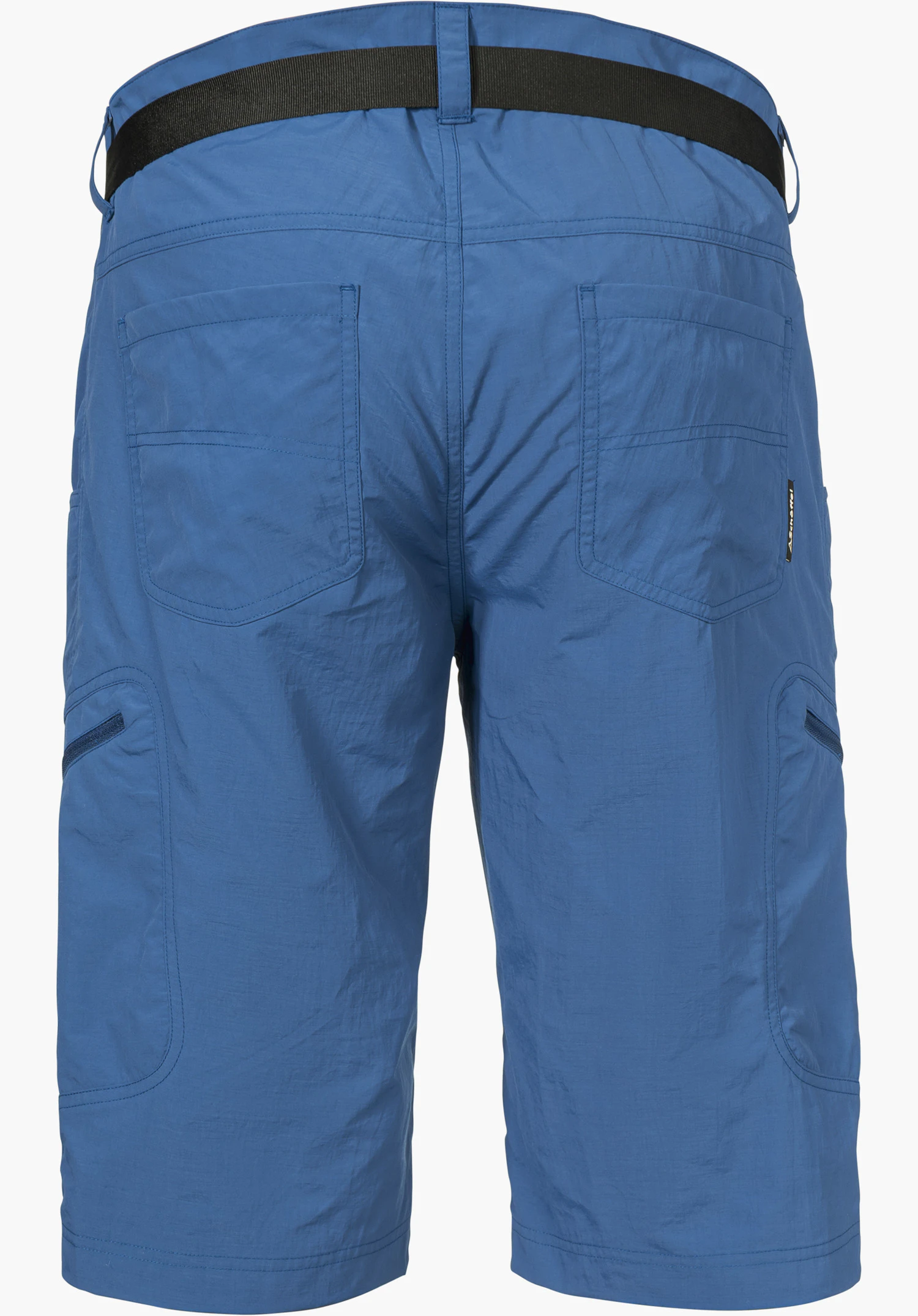 Shorts Silvaplana2 in blue, back view with back pockets, a black belt and a small Schöffel logo on the pocket, isolated against a white background.
