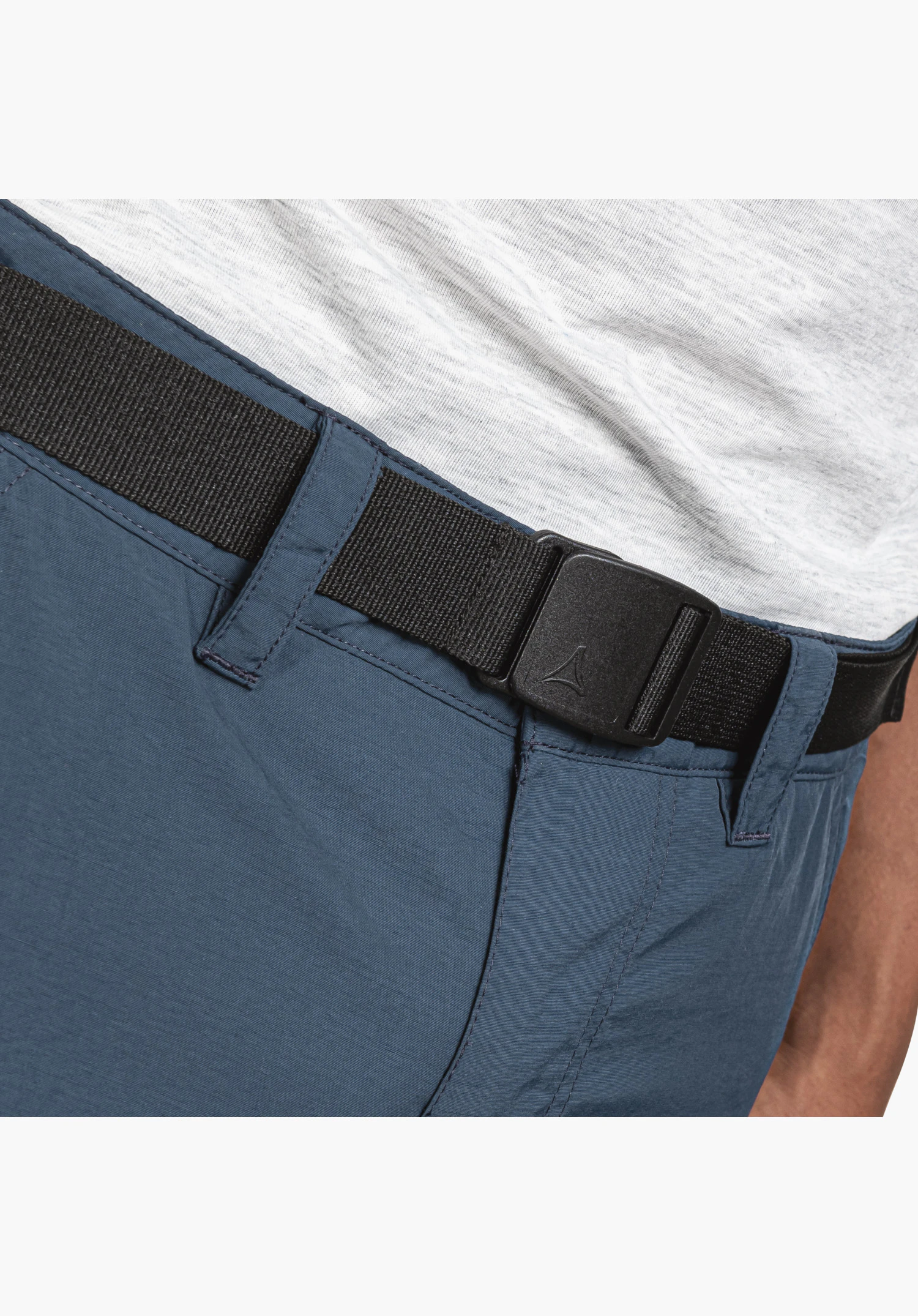 Shorts Silvaplana2 features the subtle Schöffel logo on the black buckle of the integrated belt at the blue waistband. Close-up shot against a neutral background.