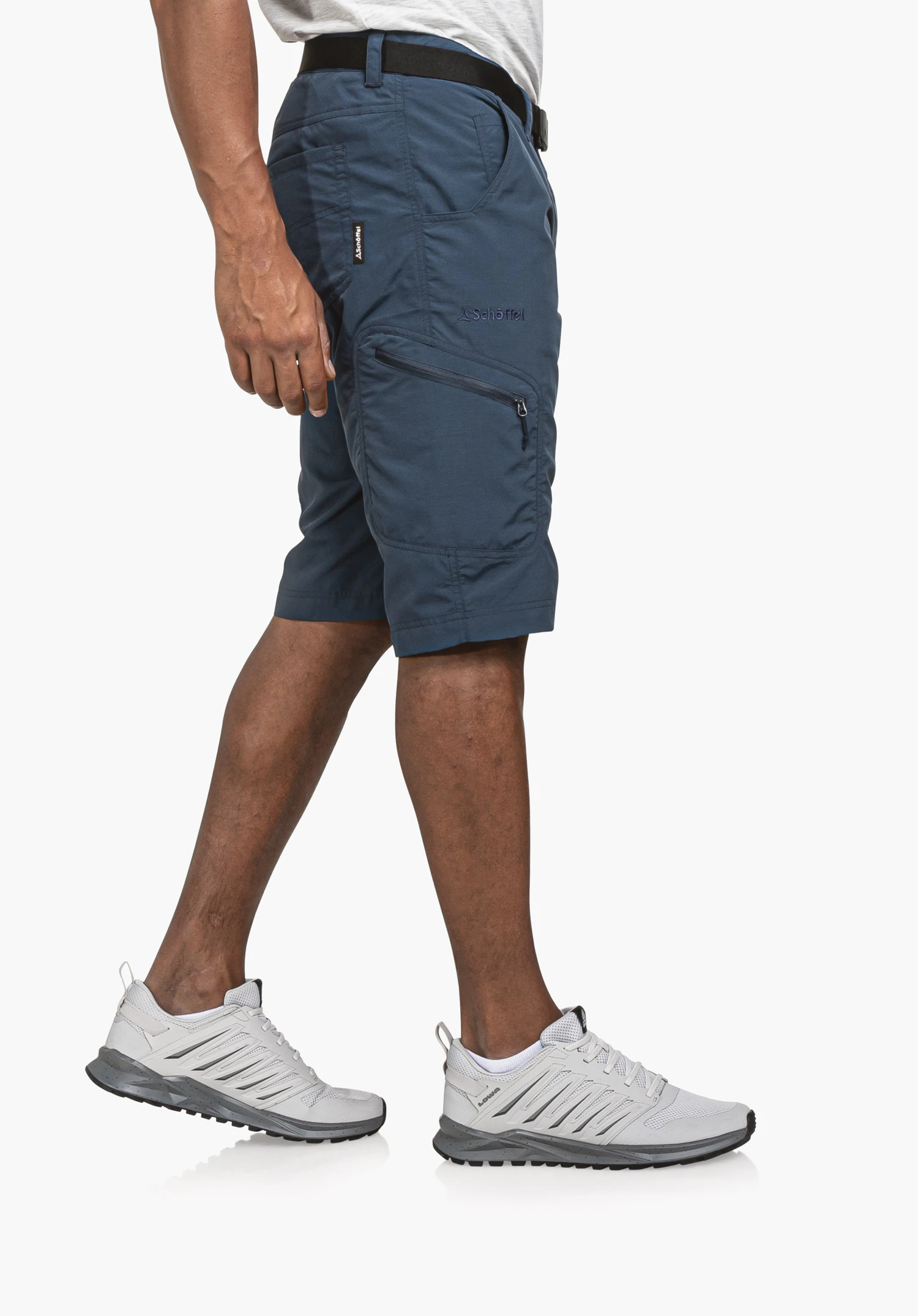 Shorts Silvaplana2 in blue, shown on a model standing in a side profile against a neutral background, with the Schöffel logo clearly visible.