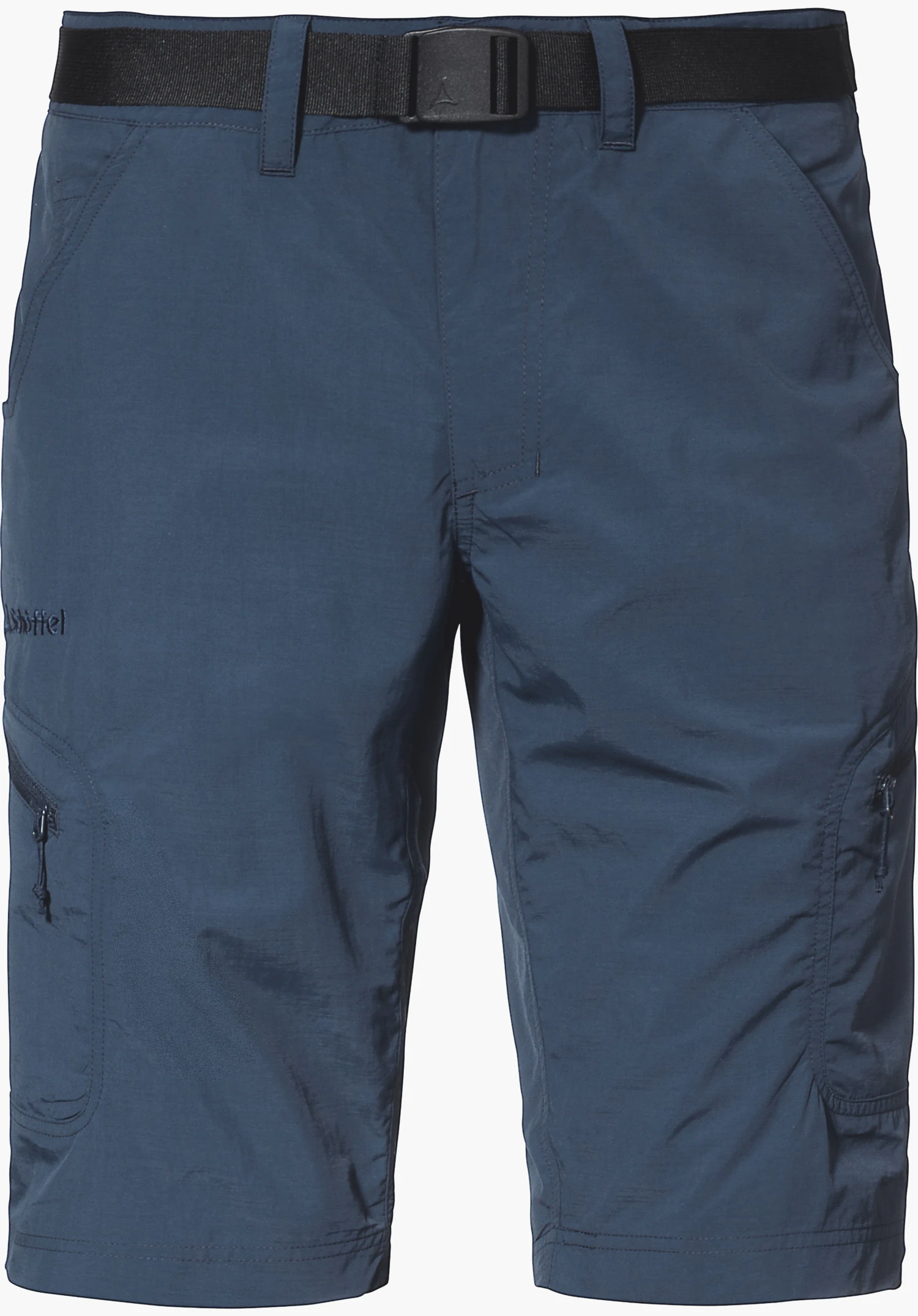 Shorts Silvaplana2 in blue with a black belt, zipped leg pockets and the Schöffel logo, isolated on a white background.