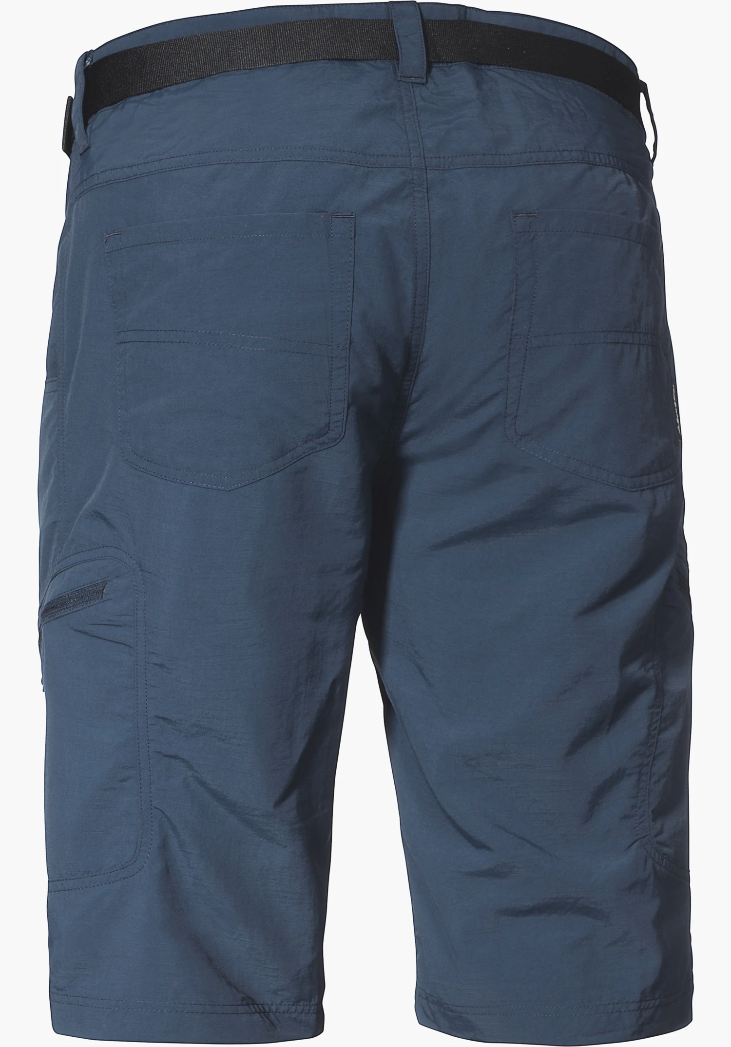 Shorts Silvaplana2 in blue shows the back view with two back pockets and a black belt, isolated against a white background.