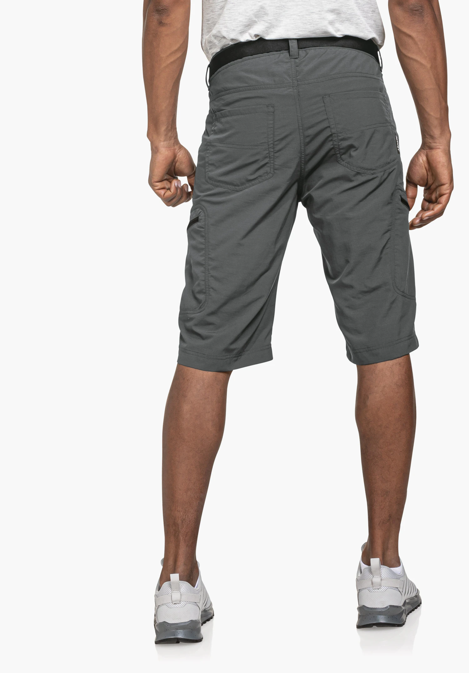 Shorts Silvaplana2 in grey, shown from a rear view on a model against a neutral background with the Schöffel logo visible on the back pocket.