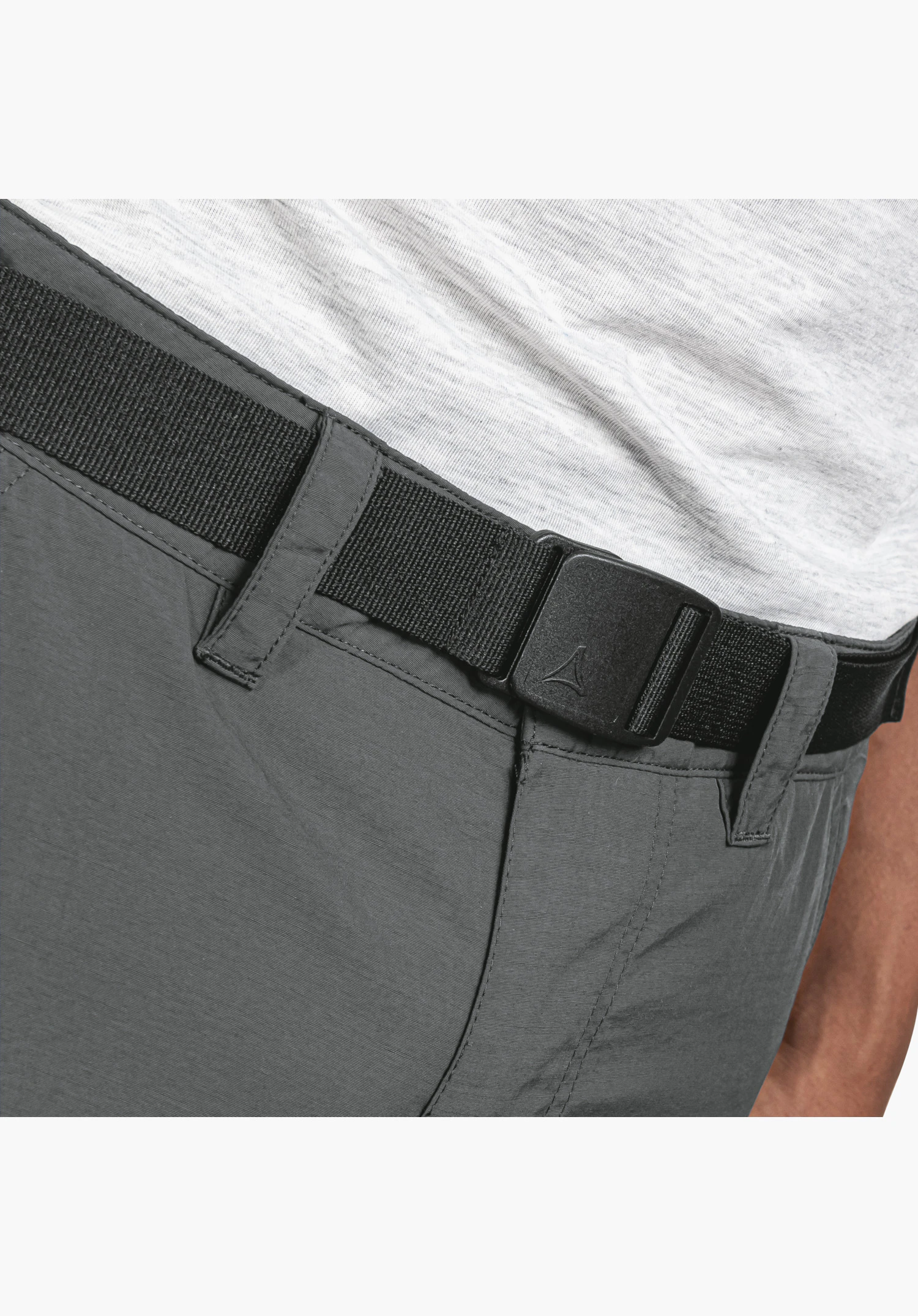 Shorts Silvaplana2: The integrated black webbing belt with a flat buckle featuring the Schöffel logo is positioned at the waistband of the grey trousers; close-up against a white/neutral background.