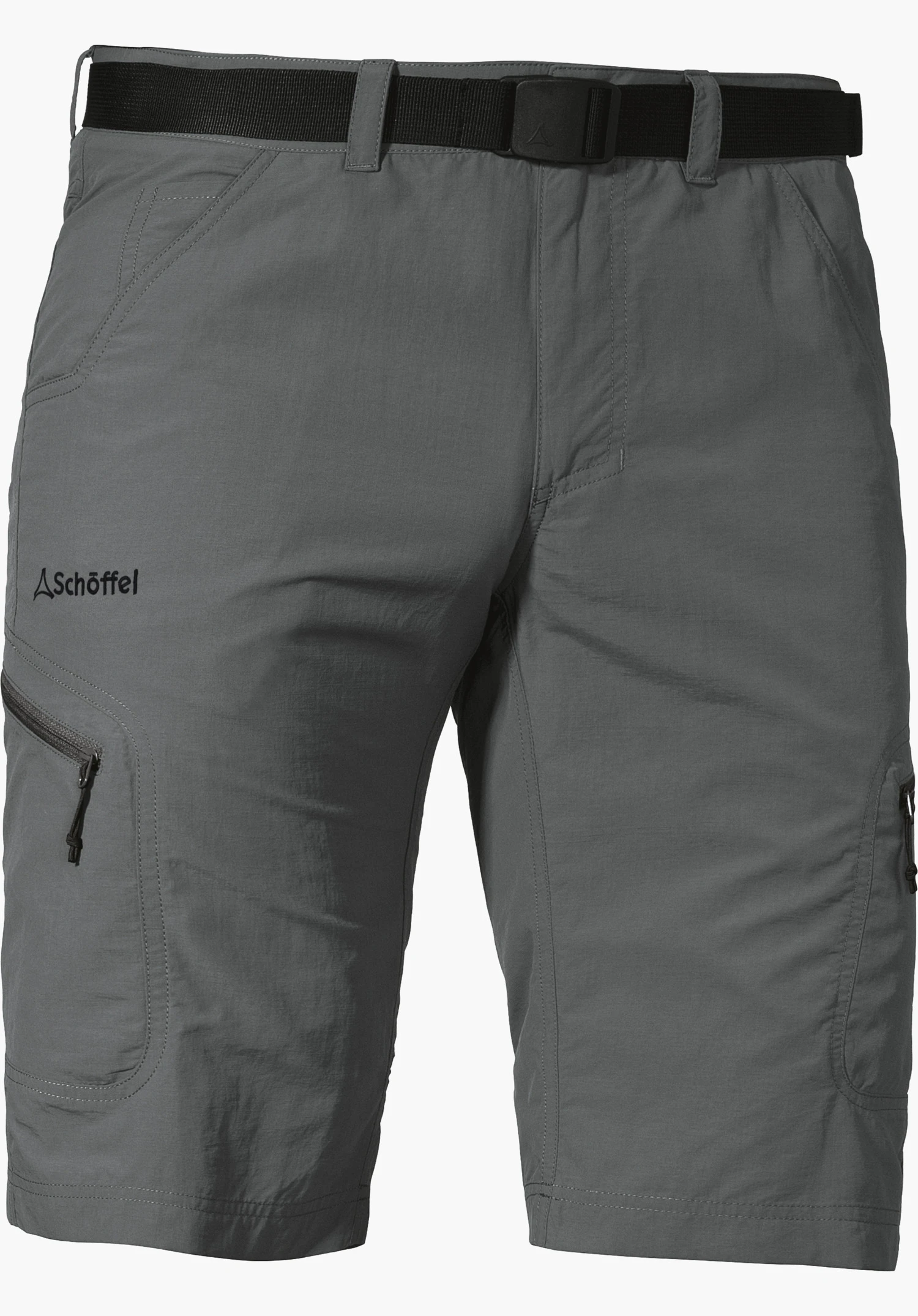 Shorts Silvaplana2 in grey with a black belt, zipped leg pockets and a visible Schöffel logo, isolated against a white background.