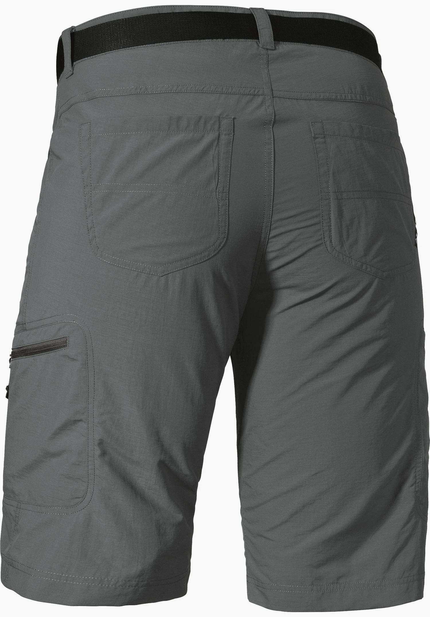 Shorts Silvaplana2 in grey, back view featuring patch back pockets, a side zip pocket on the left and a black belt, isolated on a white background.