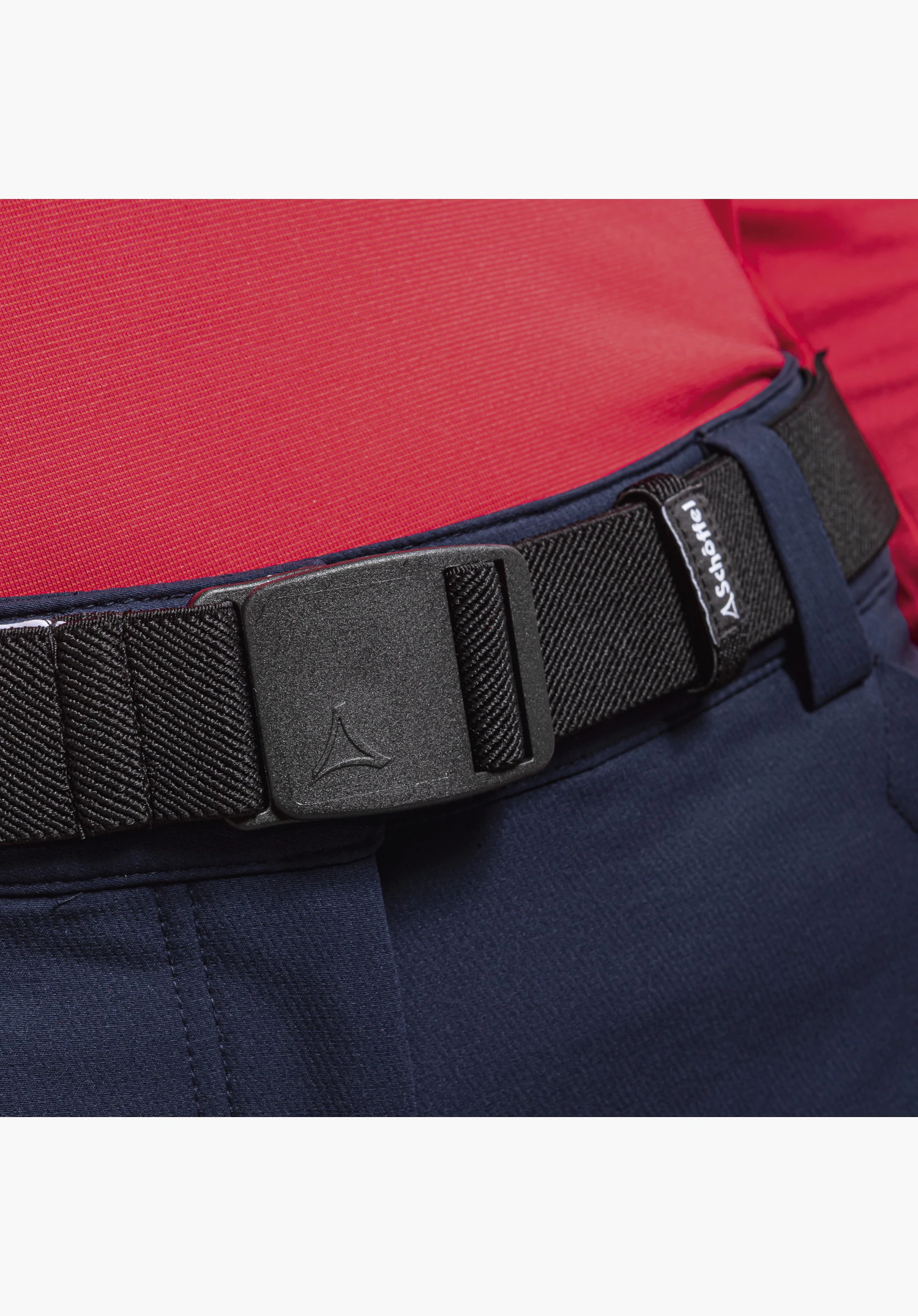 Belt Lenzerheide1 shows the black woven structure, the buckle with embossed Schöffel logo and the side brand label, close-up against a white/neutral background.