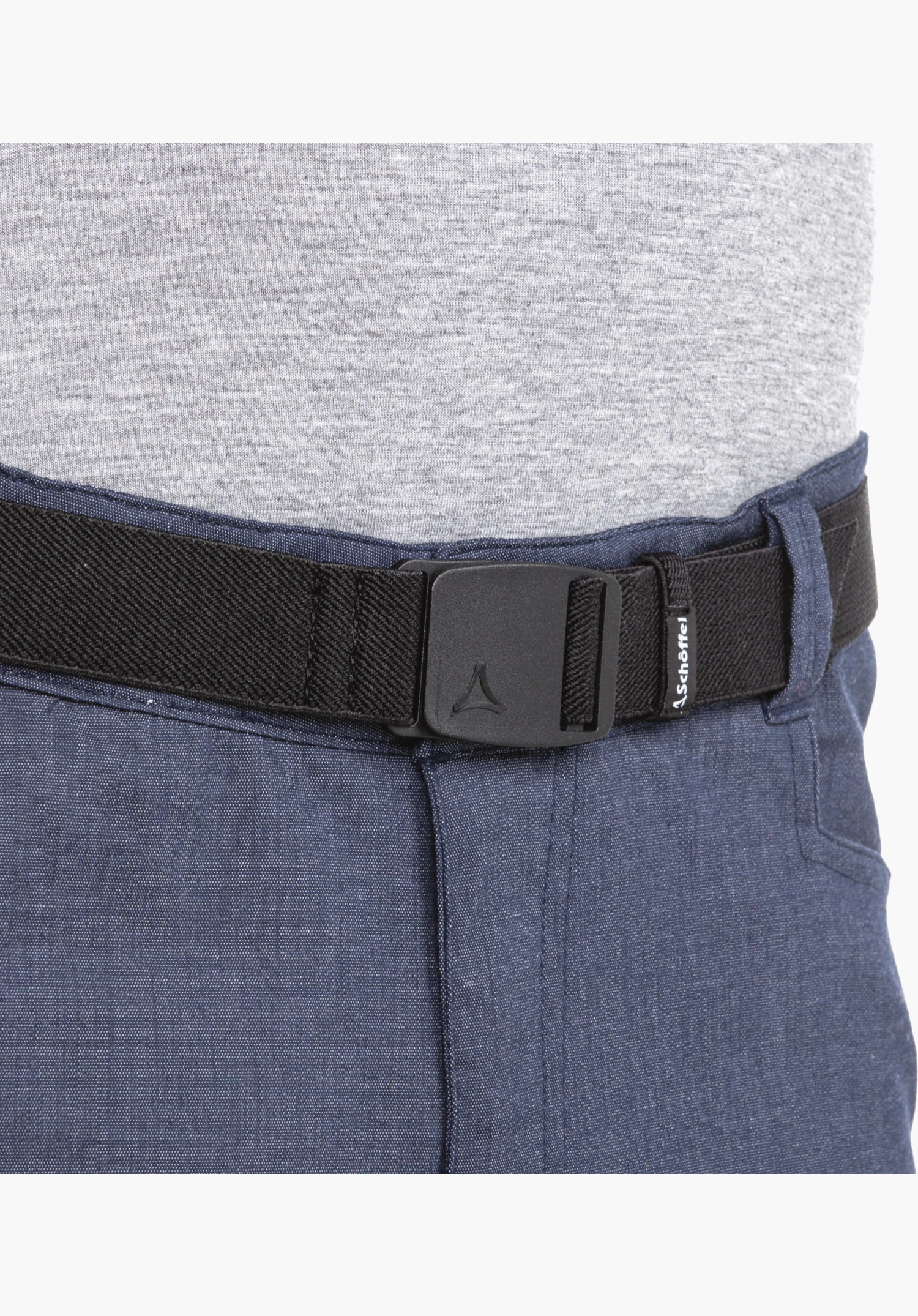 Belt Lenzerheide1 shows the black plastic buckle with embossed logo as well as the elasticated webbing with a small Schöffel label, close-up against a white/neutral background.