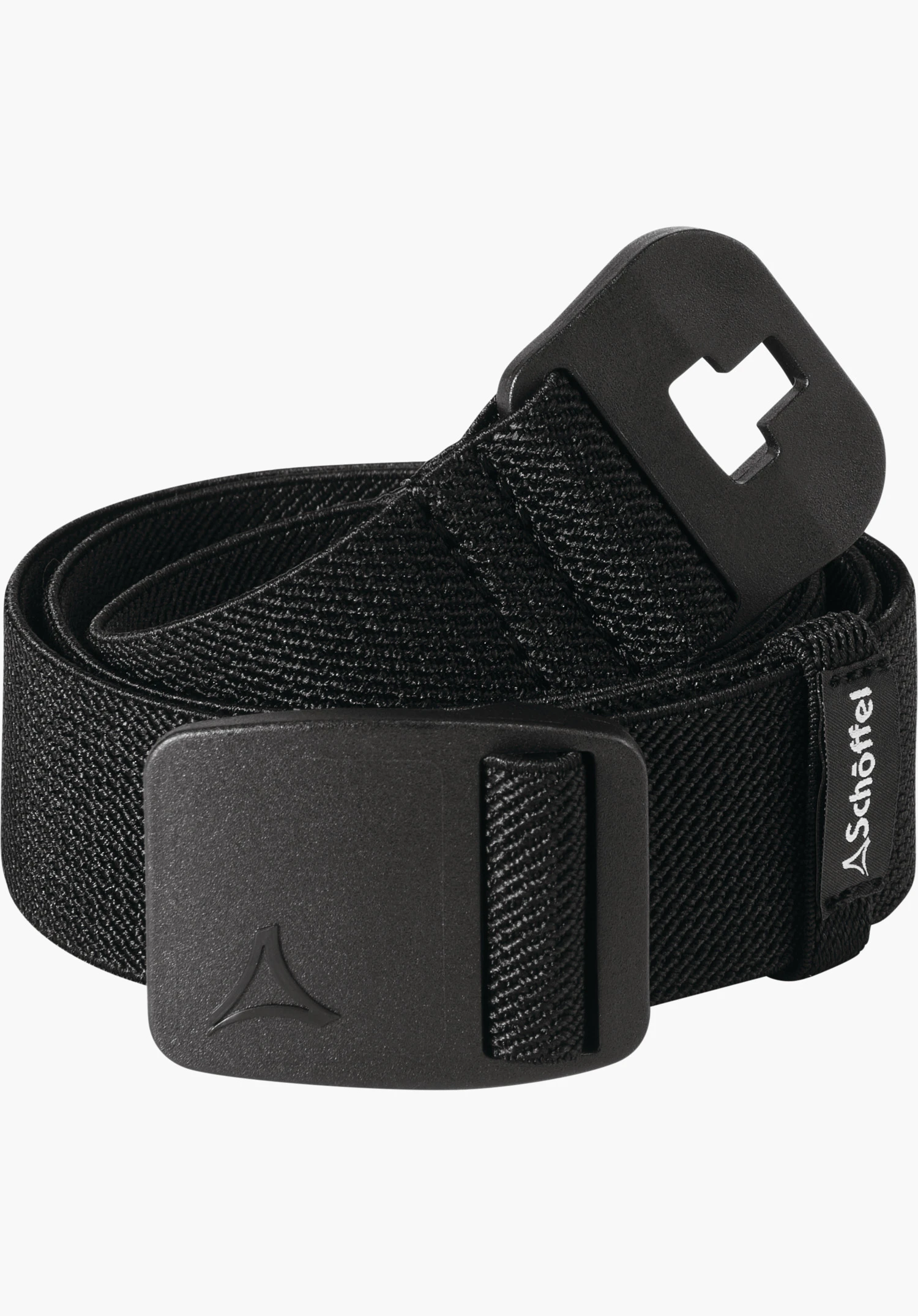 Belt Lenzerheide1 black elastic belt, rolled up, with black plastic buckle; Schöffel logo visible; lettering on the loop: “Schöffel”; white background.