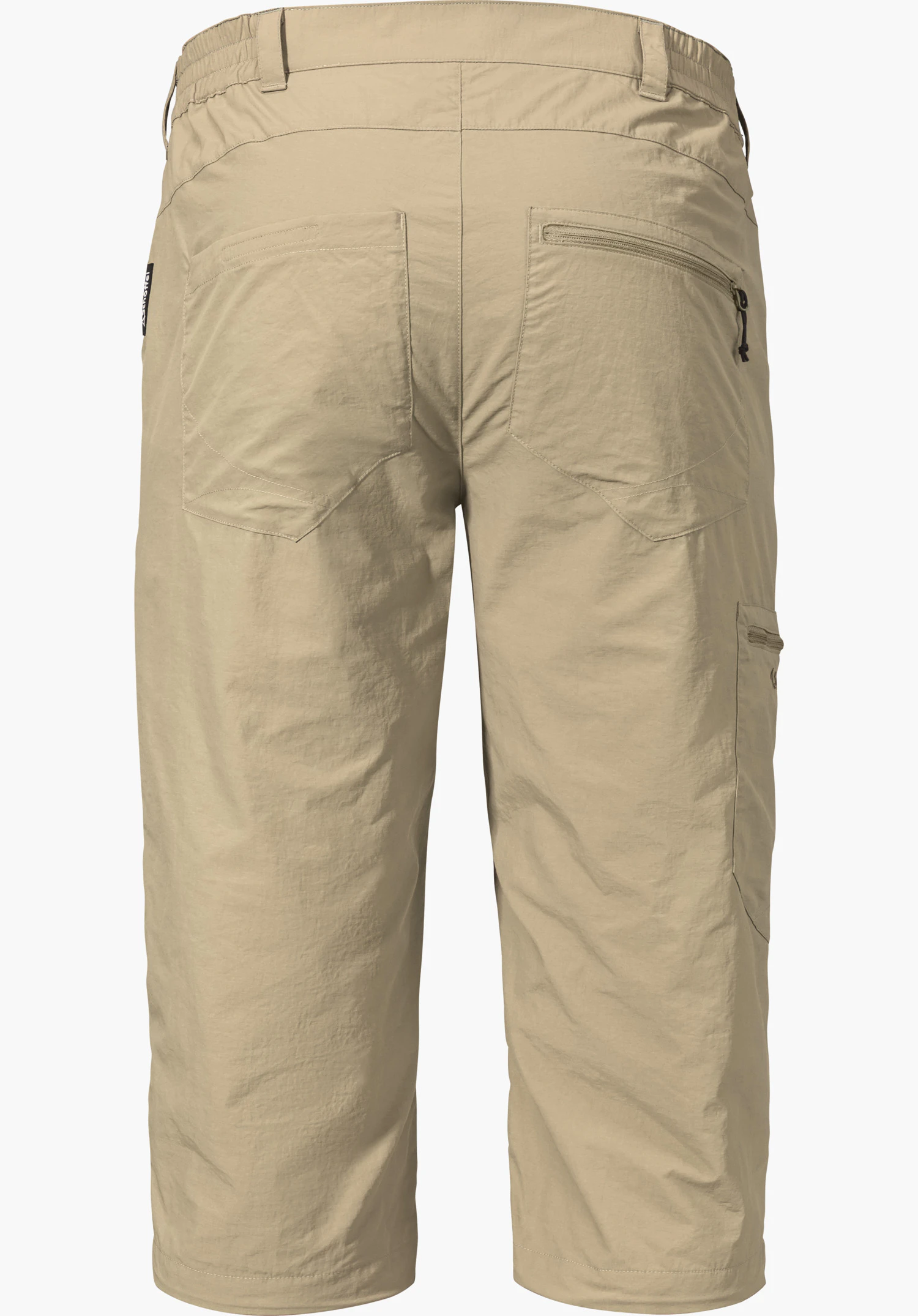 Pants Springdale1 en beige, vue de dos avec une taille élastiquée, une poche arrière ouverte et une poche arrière zippée, isolée sur fond blanc.