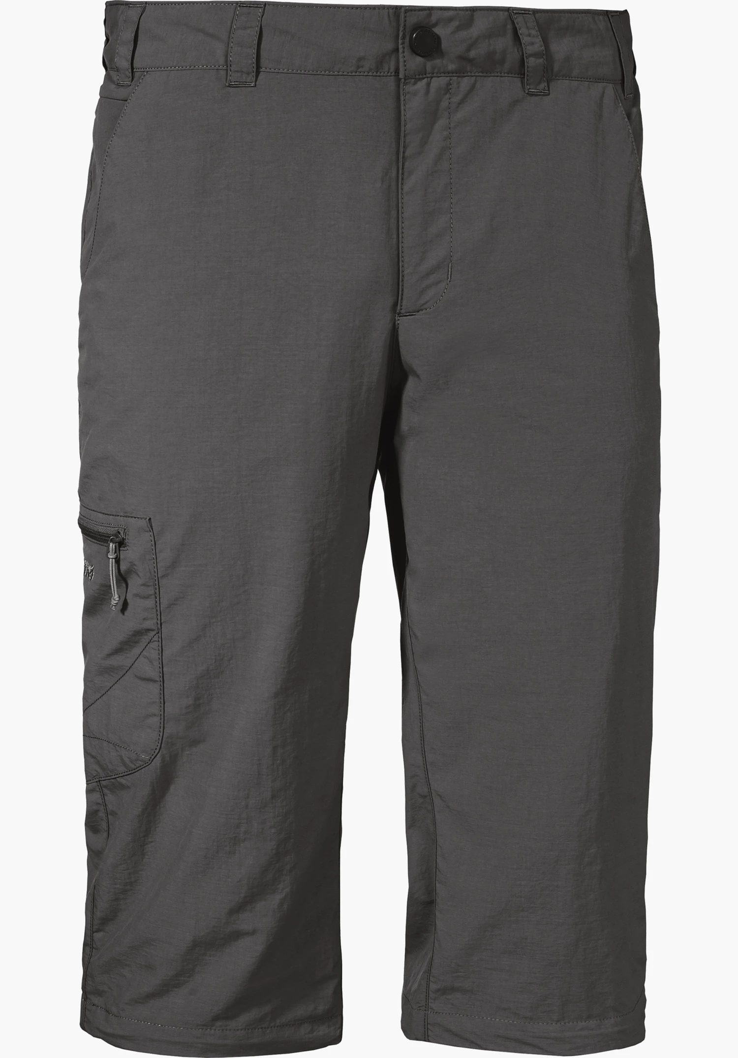 Pants Springdale1 in Grau mit Gürtelschlaufen, einer Reißverschlusstasche am rechten Bein und sichtbarem Schöffel-Logo, freigestellt vor weißem Hintergrund.