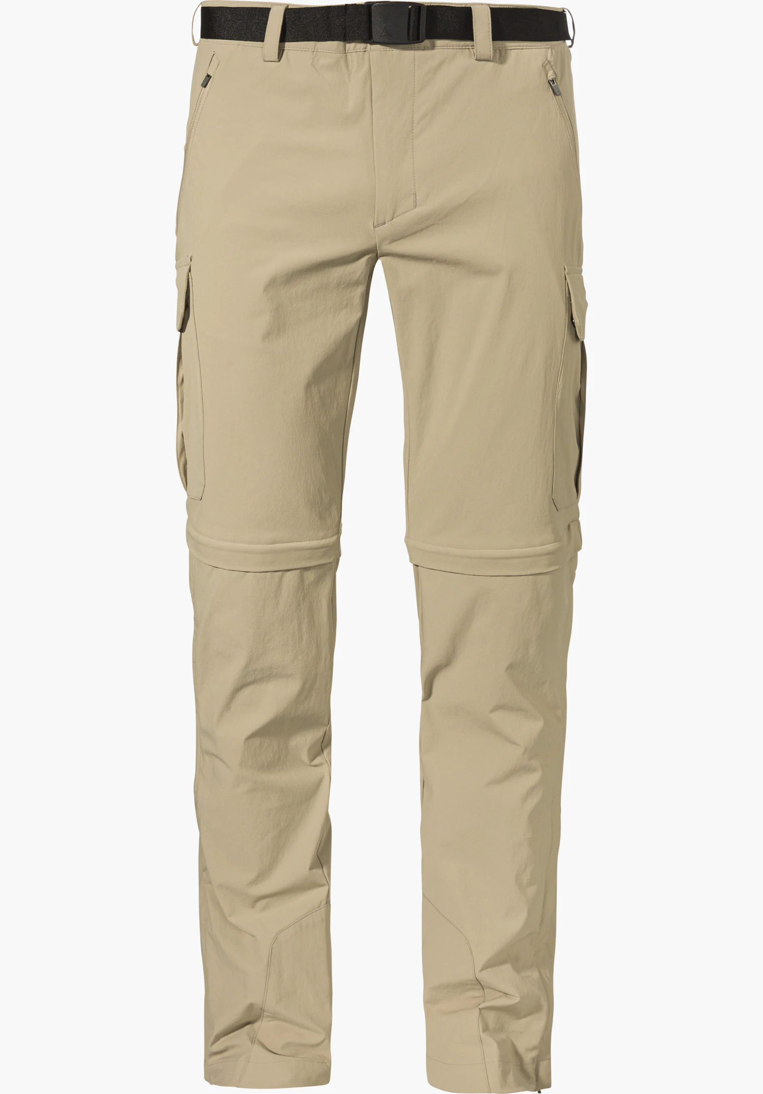 Pants Kyoto3 als beige Zipp-off-Hose mit seitlichen Cargotaschen und einem schwarzen Gürtel mit Schöffel-Logo auf der Schnalle, freigestellt vor weißem Hintergrund.