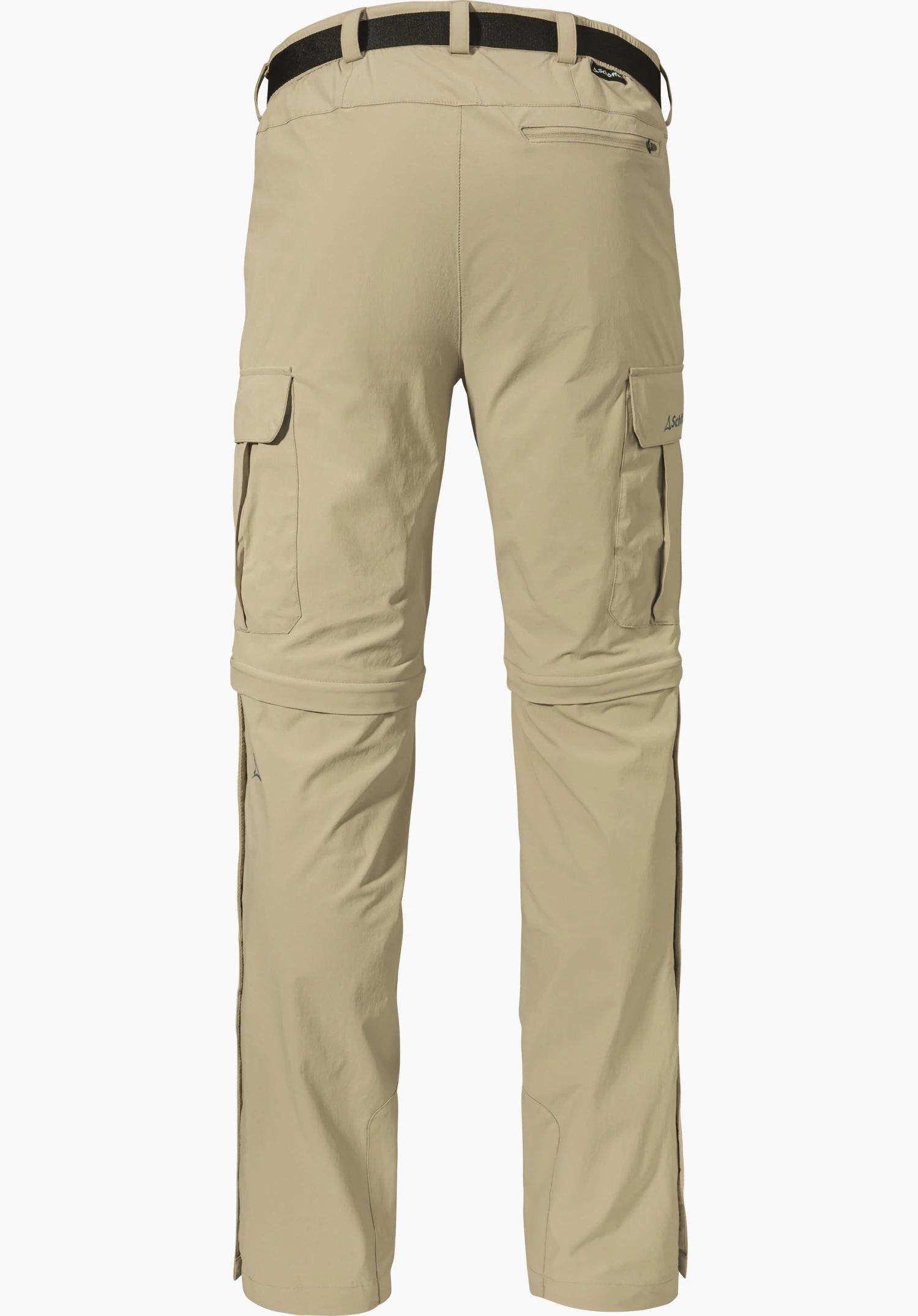 Pants Kyoto3 als beigefarbene Zip-Off-Hose in der Rückansicht mit schwarzem Gürtel, Beintaschen und dem Schöffel-Logo, freigestellt vor weißem Hintergrund.