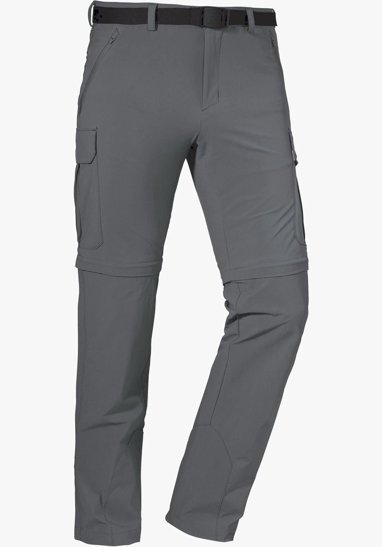 Pants Kyoto3 in het grijs met afritsbare pijpen, een zwarte riem en zijzakken, vrijstaand op een witte achtergrond.
