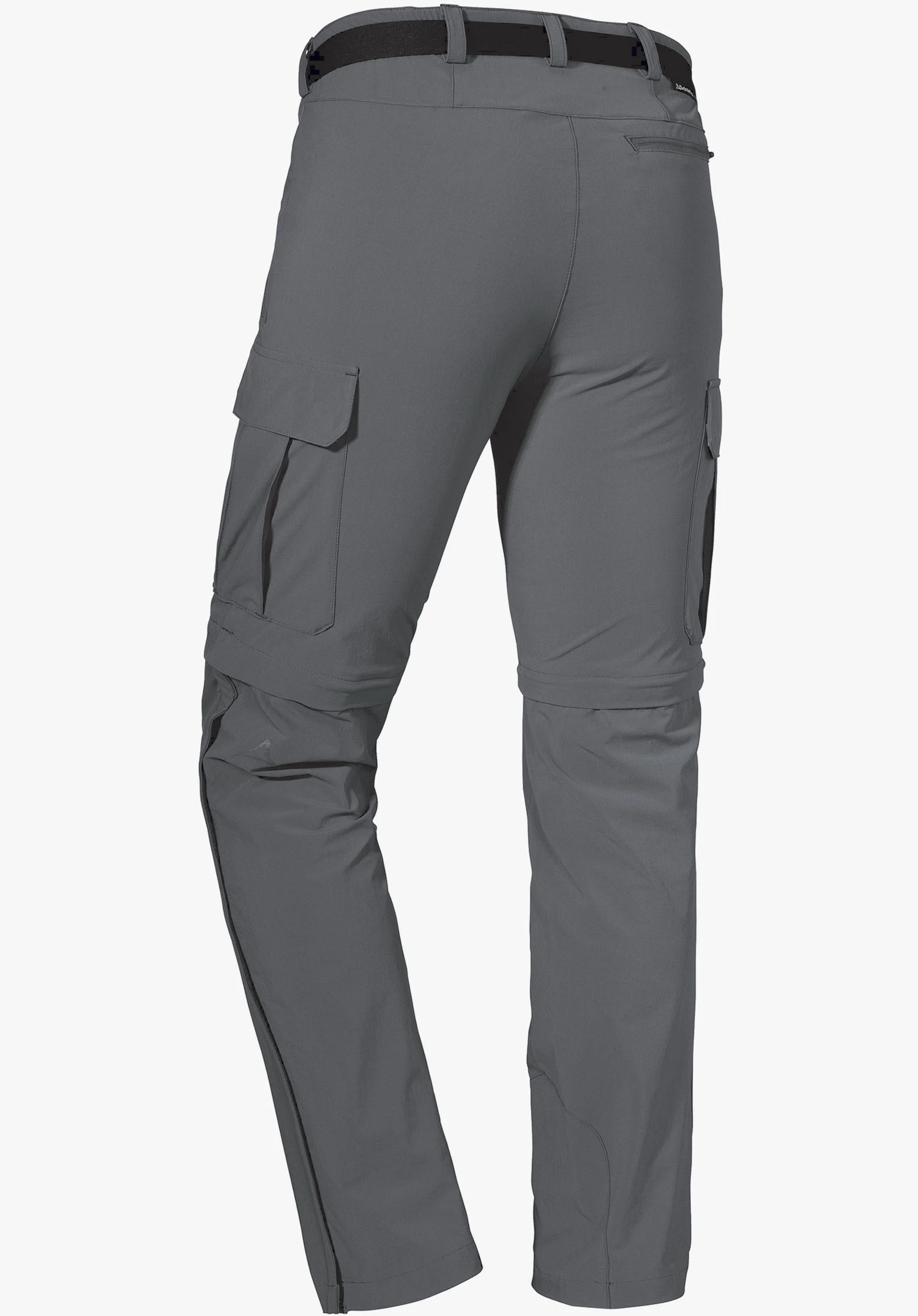 Pants Kyoto3 als grijze trekkingbroek in achteraanzicht met zijzakken, een zwarte riem en afritsfunctie bij de knieën, vrijstaand gemaakt tegen een witte achtergrond.