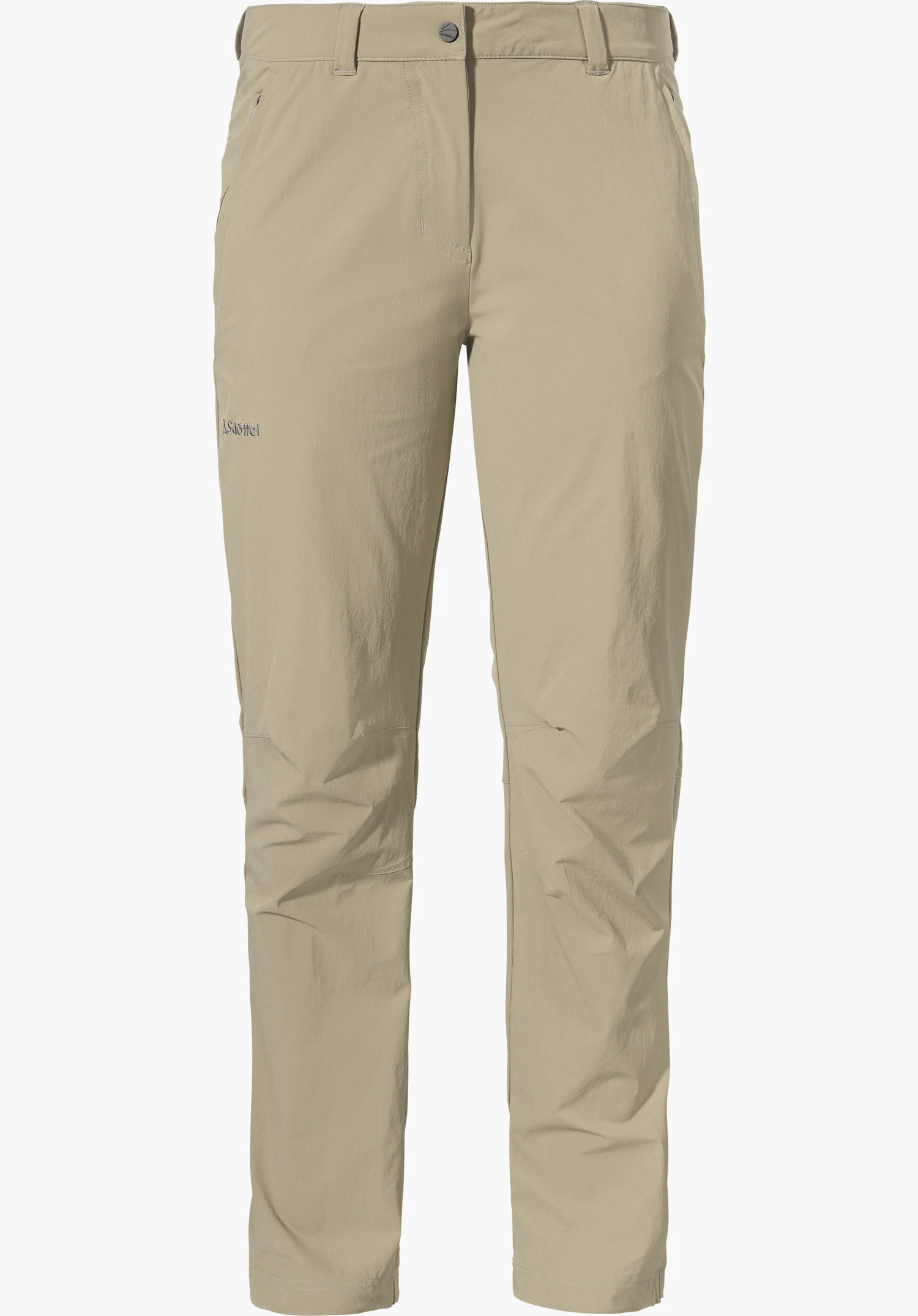 Pants Engadin1 in Beige zeigt die Vorderansicht mit Bund, Taschen und dem Schöffel-Logo am Oberschenkel freigestellt vor weißem Hintergrund.