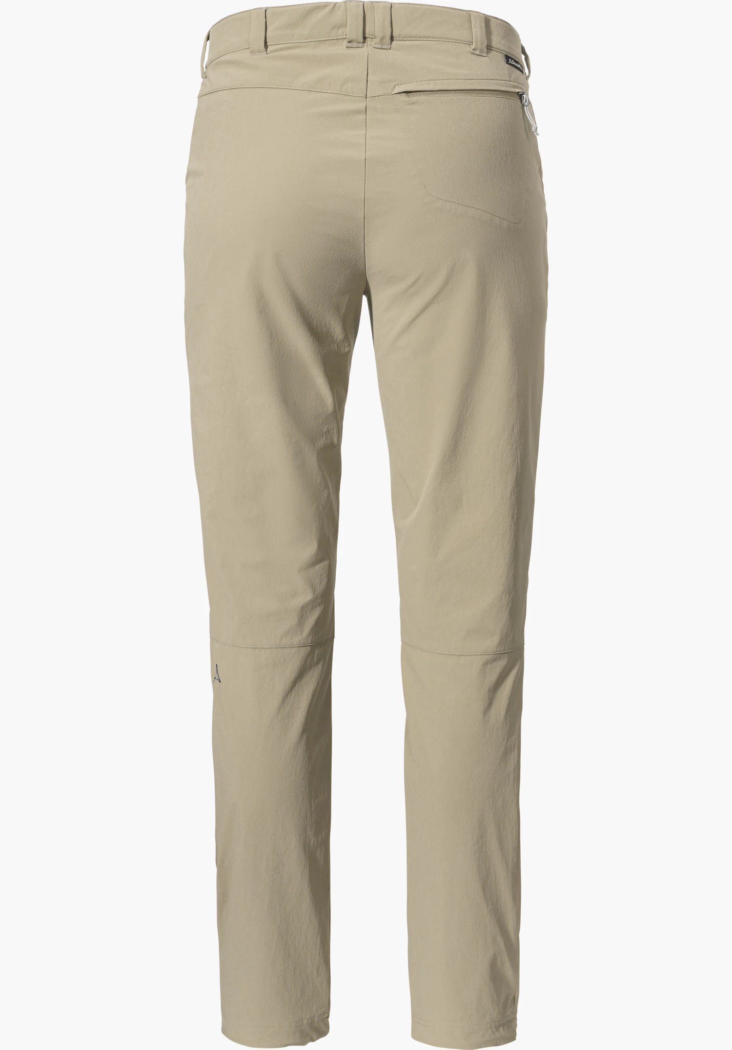 Pants Engadin1 in Beige in der Rückansicht, mit Reißverschlusstasche am rechten Gesäß und sichtbarem Schöffel-Logo am linken Bein, freigestellt vor weißem Hintergrund.
