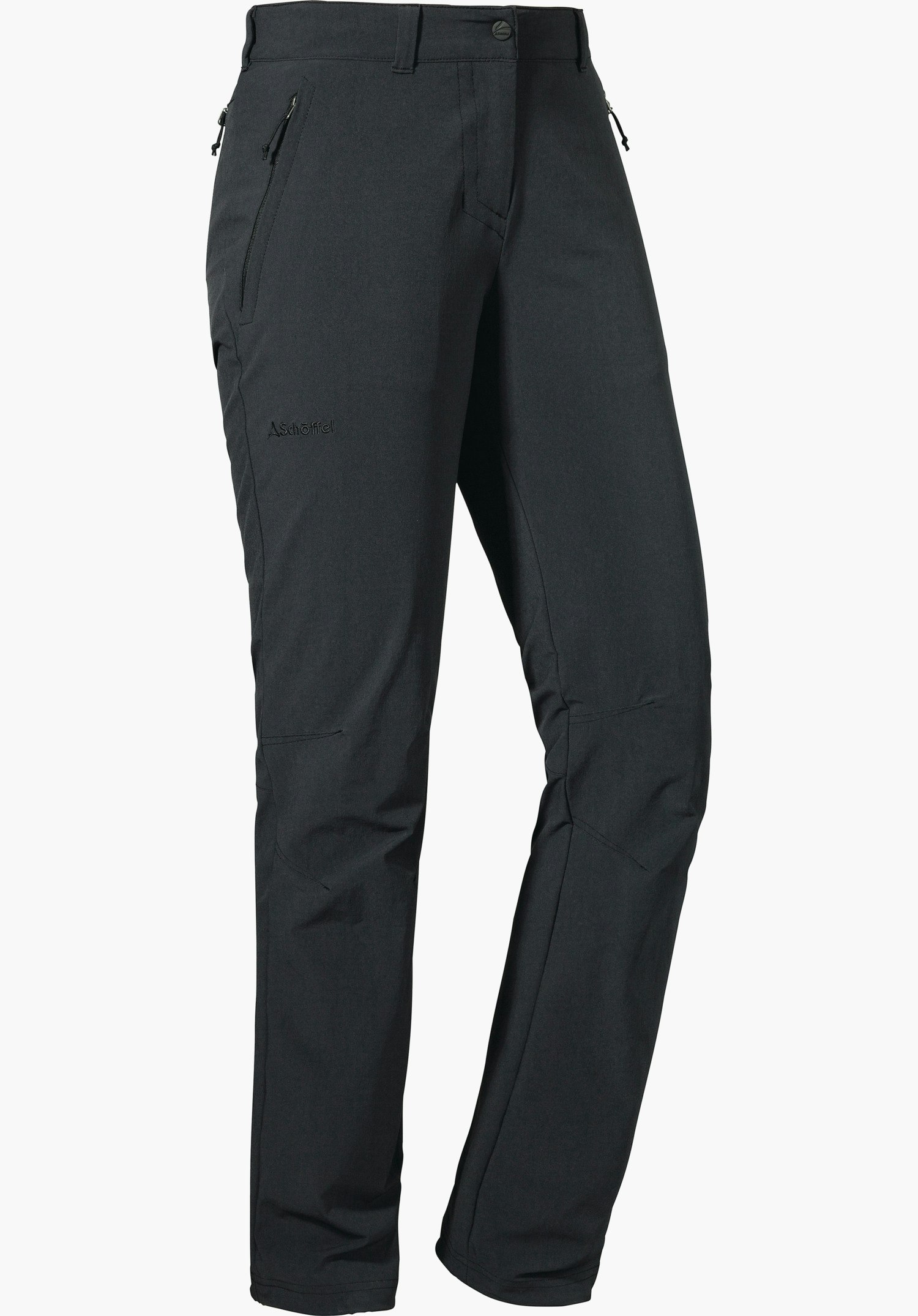 Pants Engadin1 dark grey outdoor trousers, front view slightly bent, with zip pockets and waist tab; white background. Embroidered lettering: Schöffel.