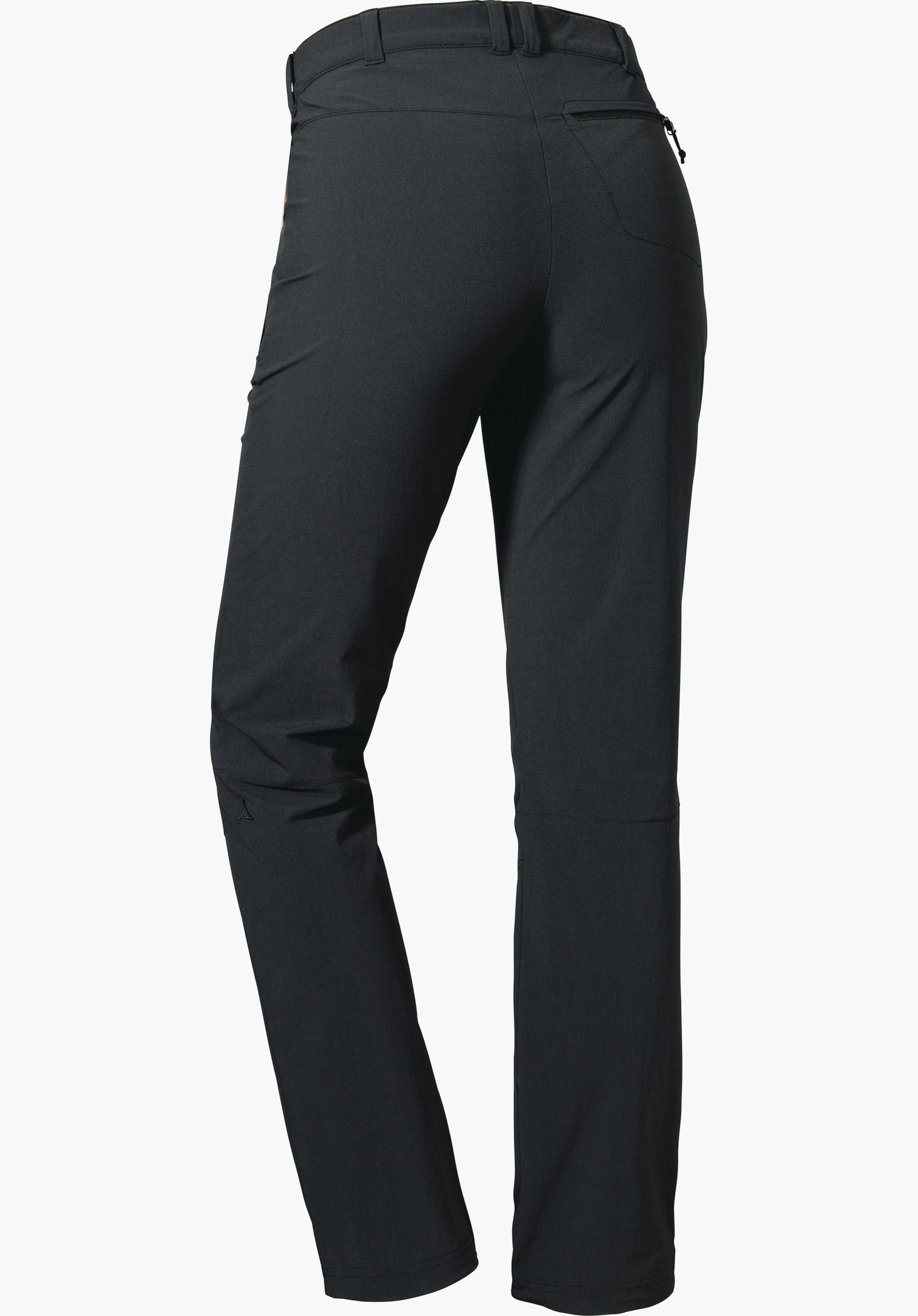 Pants Engadin1 black outdoor trousers, shown from the back; straight cut, hip zip pocket, Schöffel logo on the left leg, freestanding against a white background.
