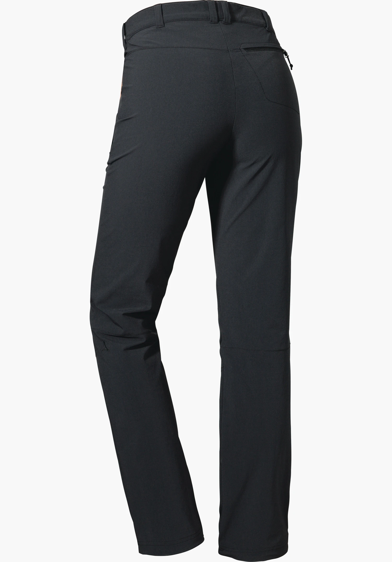 Pants Engadin1 black outdoor trousers, shown from the back; straight cut, hip zip pocket, Schöffel logo on the left leg, freestanding against a white background.