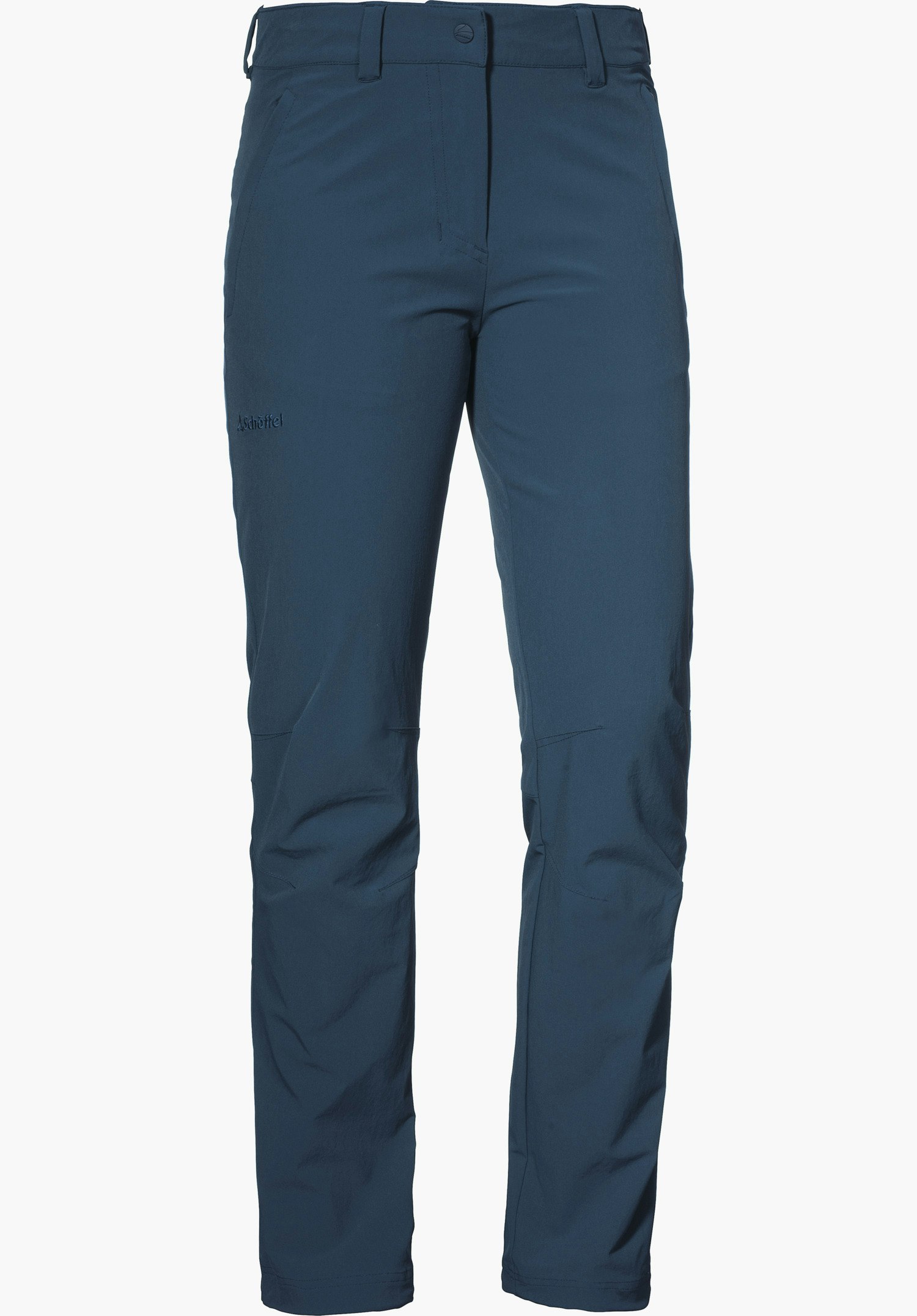 Pants Engadin1 dark blue outdoor trousers, front view; standing straight, with waistband and belt loops, hand pockets and knee darts, slim cut. Leg lettering: “Schöffel”.