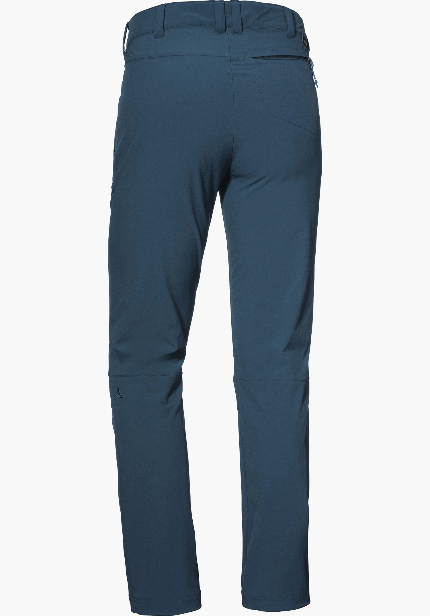 Pants Engadin1 dark blue trekking trousers, shown from the back, standing straight and smooth on a white background; back pocket on the right, hip zip, Schöffel logo on the left lower leg.