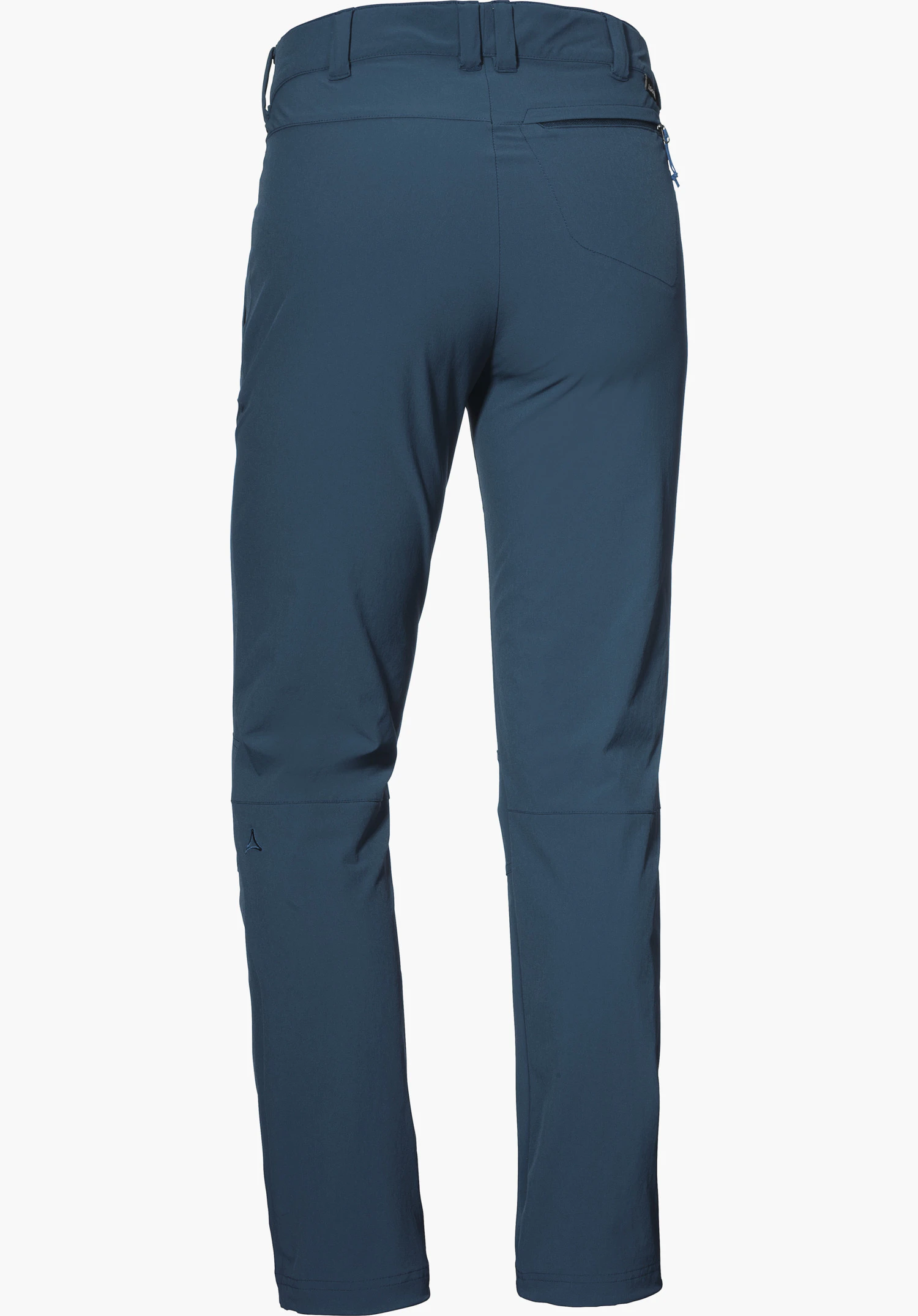 Pants Engadin1 dark blue trekking trousers, shown from the back, standing straight and smooth on a white background; back pocket on the right, hip zip, Schöffel logo on the left lower leg.