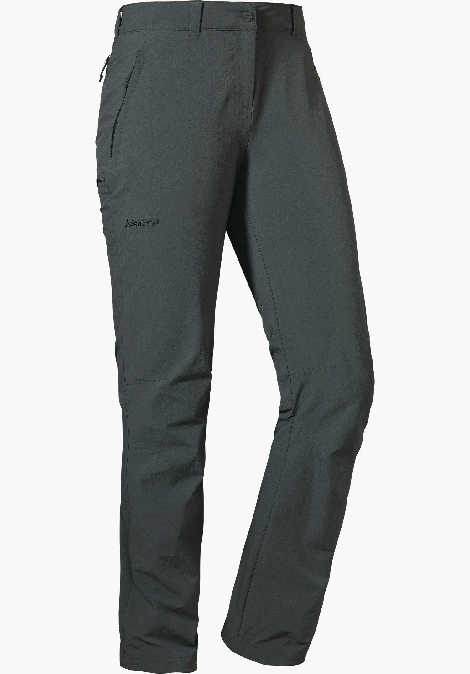 Pants Engadin1 dark grey functional trousers, front view on a white background; zip pockets at the hips, shaped knees, embroidered with Schöffel; Schöffel logo on the waistband.