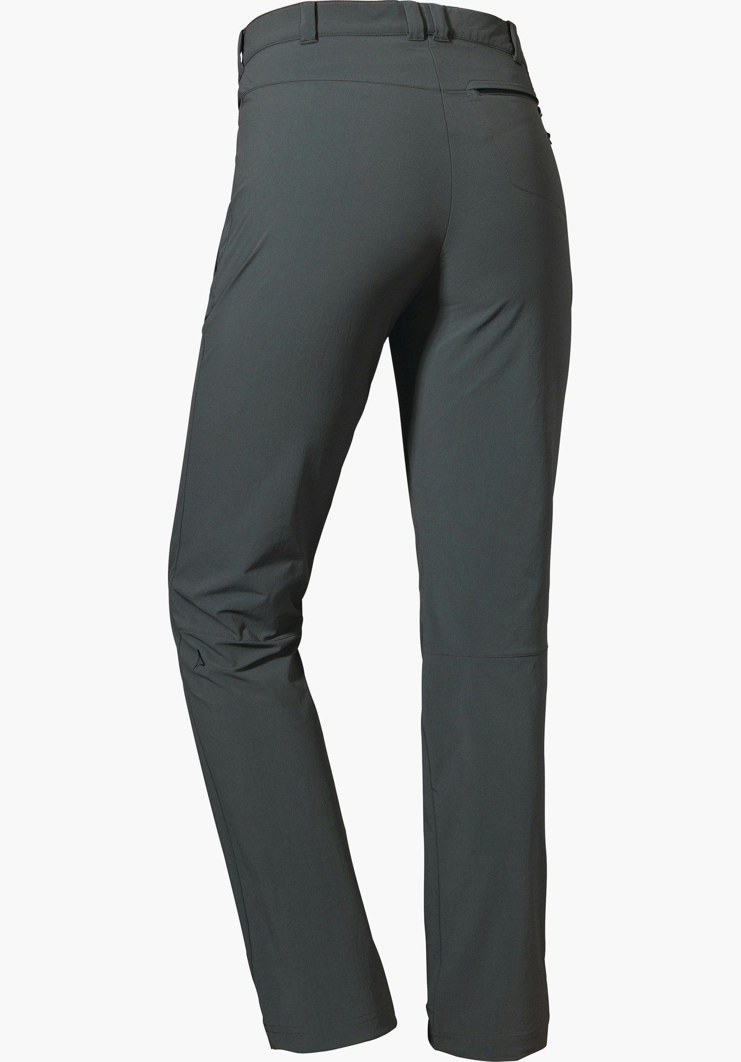 Pants Engadin1 dunkelgraue Outdoorhose, Rückansicht; leicht taillierter Schnitt, Schöffel-Logo am linken Knie, zwei Gesäßtaschen, weißer Hintergrund.