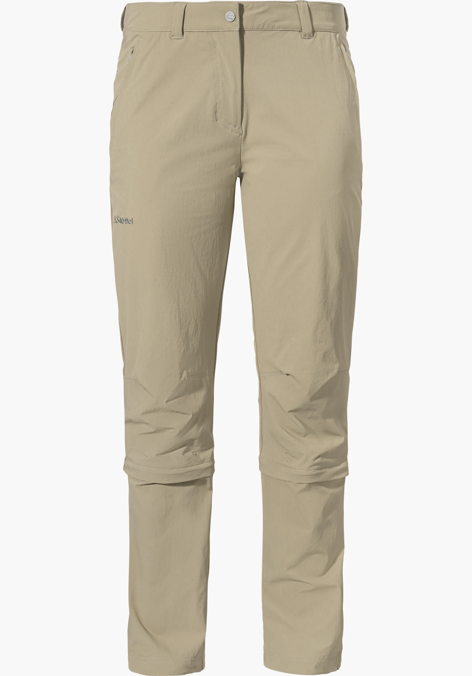 Pants Engadin1 Zip Off in Beige zeigt eine gerade Passform mit praktischen Reißverschlüssen oberhalb der Knie und einem kleinen Schöffel-Logo auf dem Oberschenkel, freigestellt vor weißem Hintergrund.