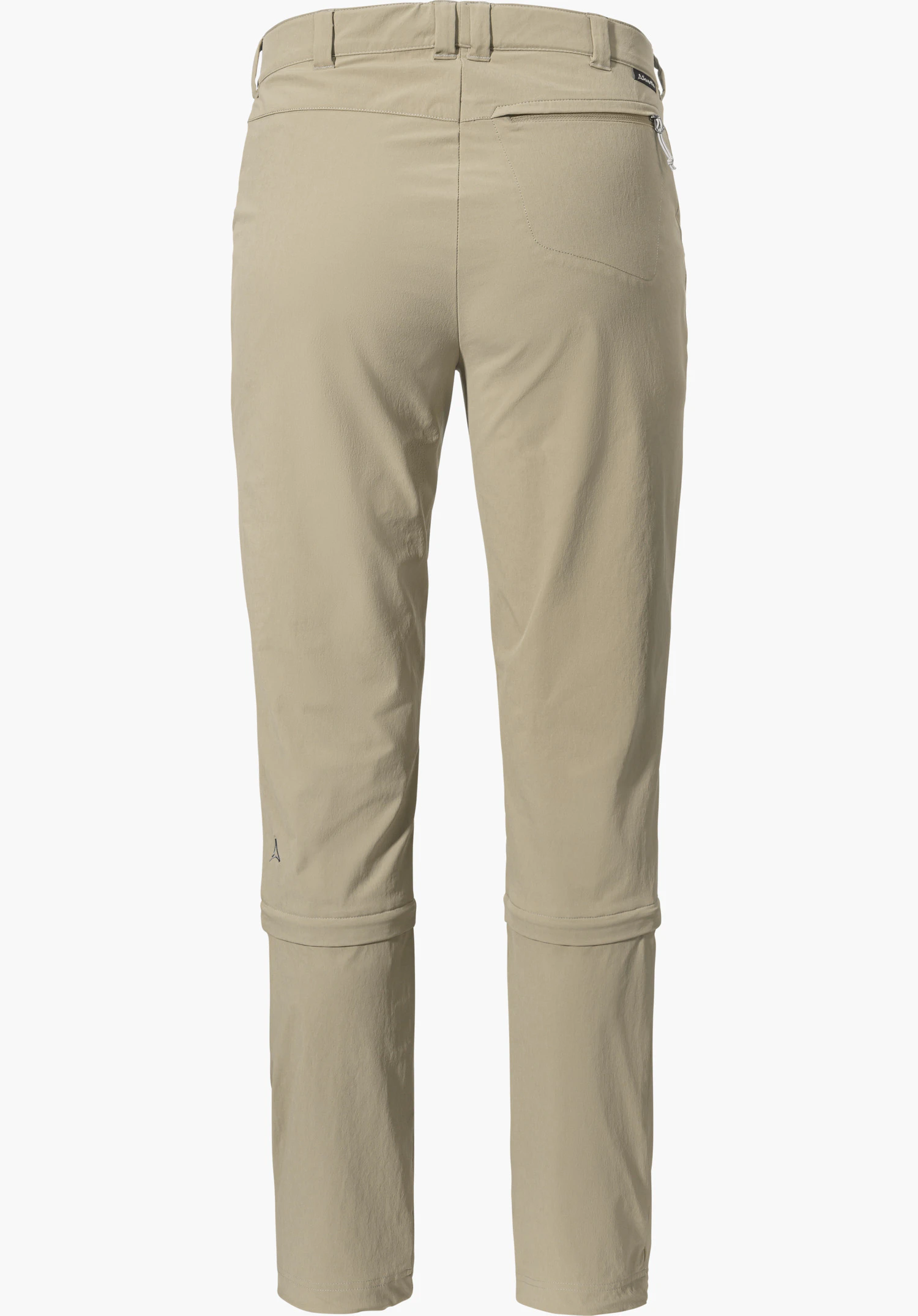 Pants Engadin1 Zip Off in Beige, Rückansicht mit Gesäßtasche, Zip-Off-Details an den Beinen und einem kleinen Schöffel-Logo, freigestellt vor weißem Hintergrund.