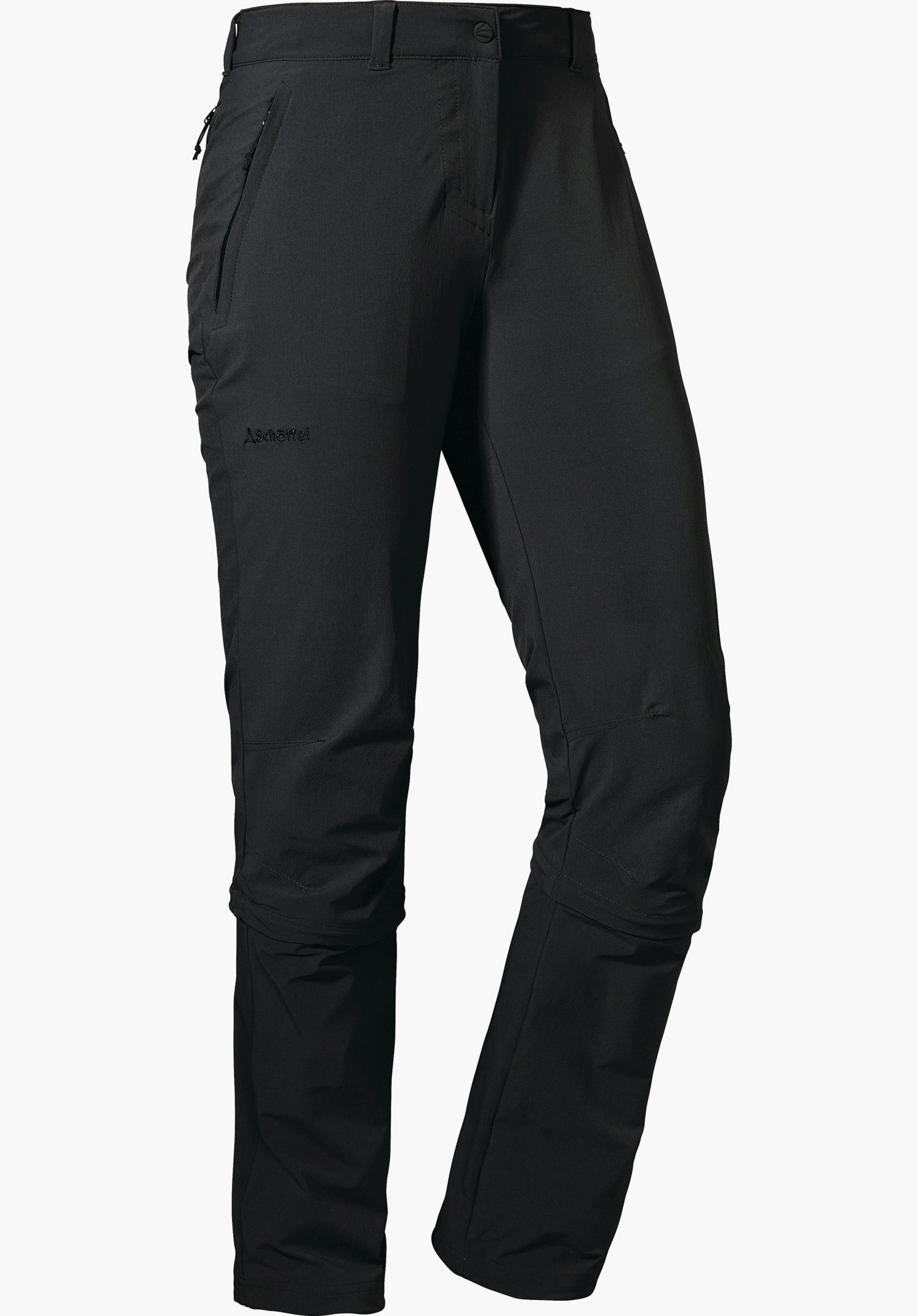Pants Engadin1 Zip Off black outdoor trousers, front view, legs slightly bent; pockets on both sides, Schöffel logo on the waistband; “Schöffel” lettering on the thigh; white background.