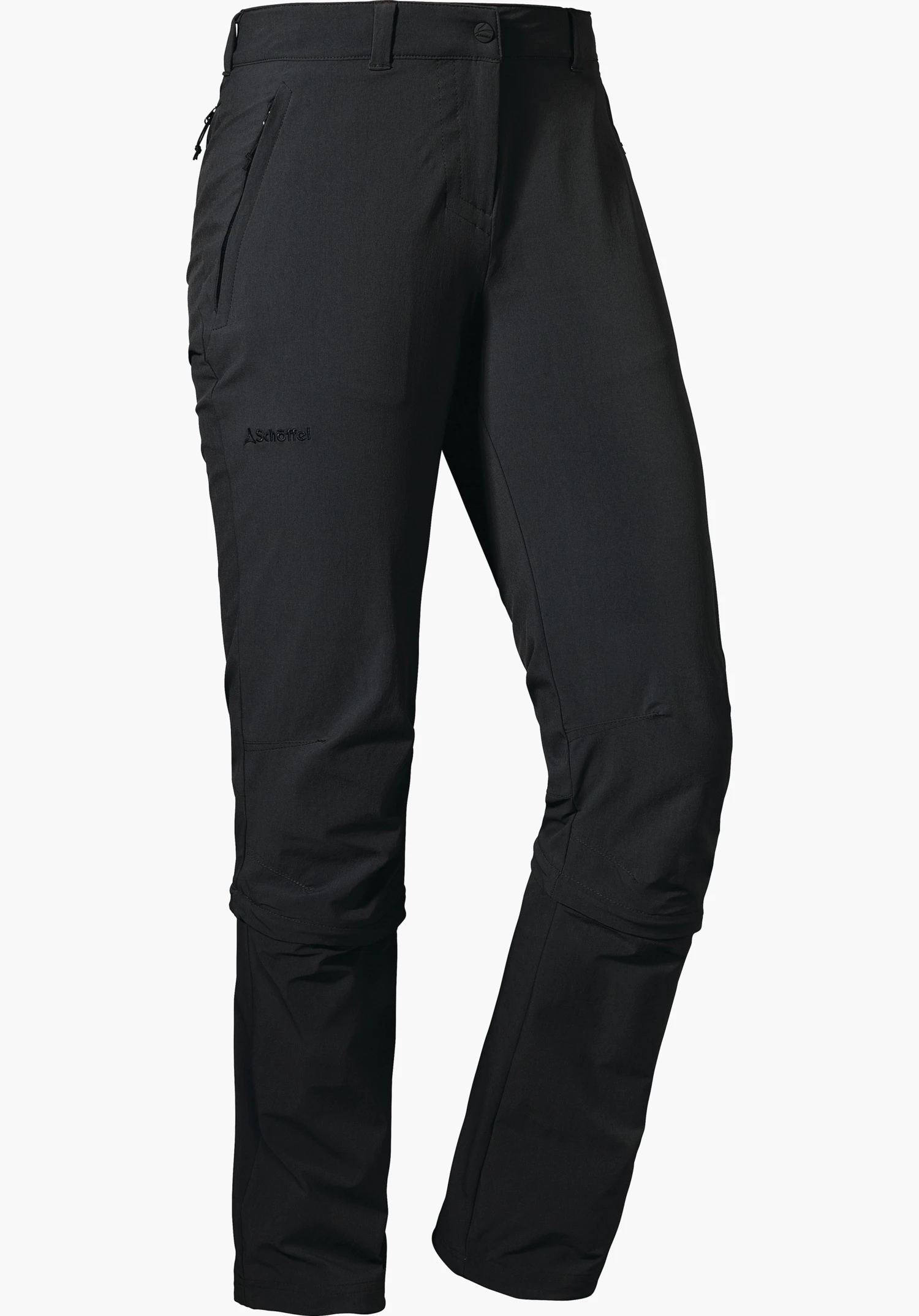 Pants Engadin1 Zip Off Schwarze Outdoorhose, frontal präsentiert, leicht angewinkelte Beine; Hosentaschen beidseitig, Schöffel-Logo am Bund; Schriftzug "Schöffel" auf Oberschenkel; weißer Hintergrund.