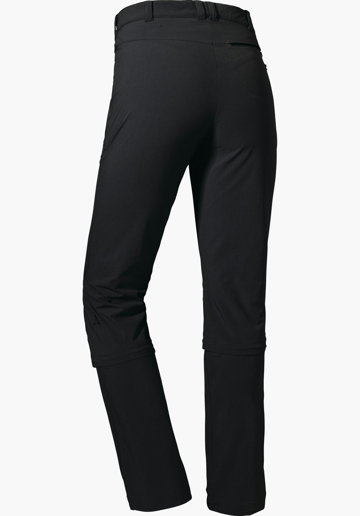Pants Engadin1 Zip Off black zip-off trousers, rear view; partially detachable legs, slightly angled, waistband with belt loops and back pocket, Schöffel logo on the left lower leg, light background.