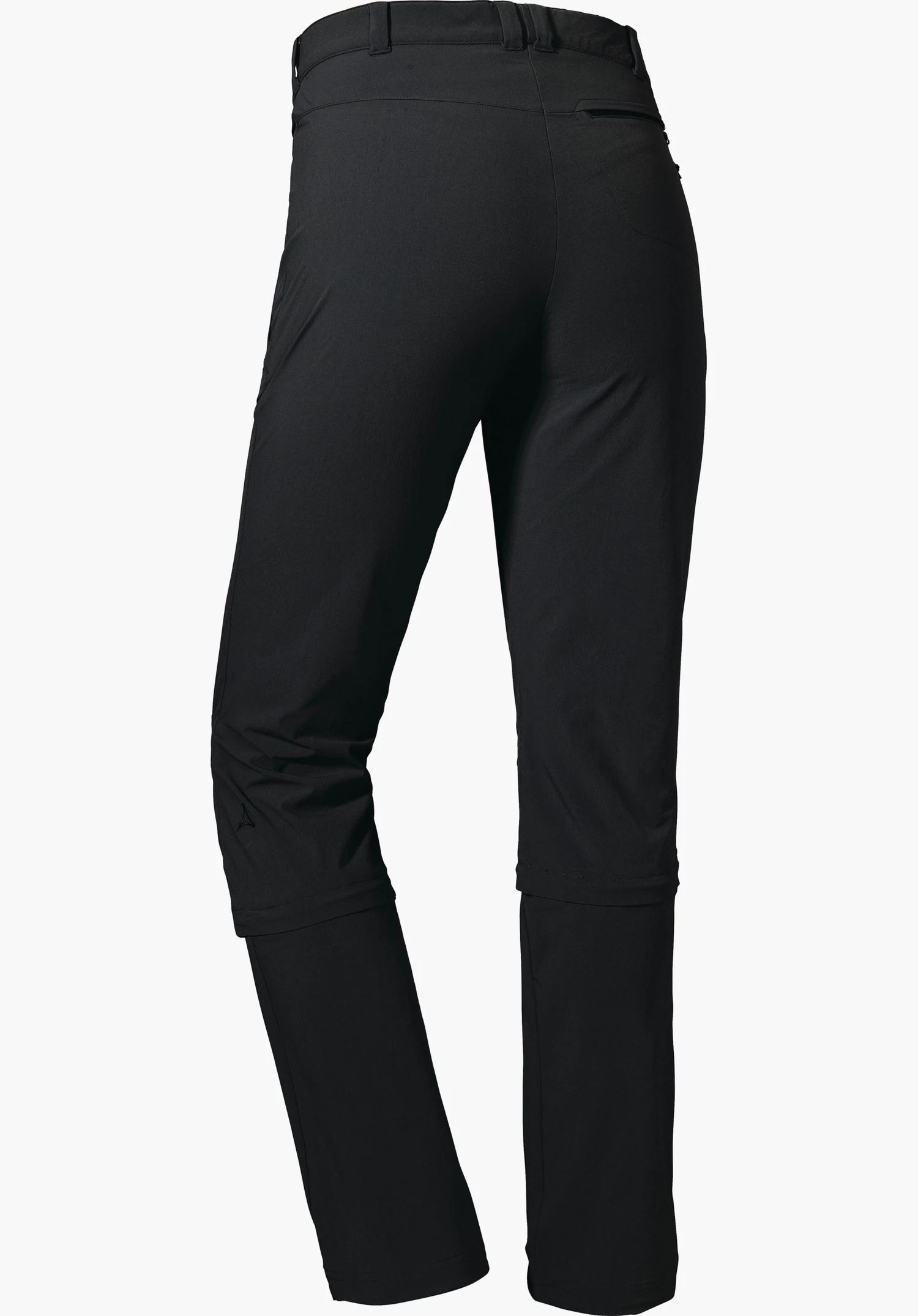 Pants Engadin1 Zip Off Pantalon zip-off noir, vue de dos; jambes partiellement amovibles, légèrement fléchies, ceinture avec passants et poche arrière, logo Schöffel sur le bas de jambe gauche, fond clair.