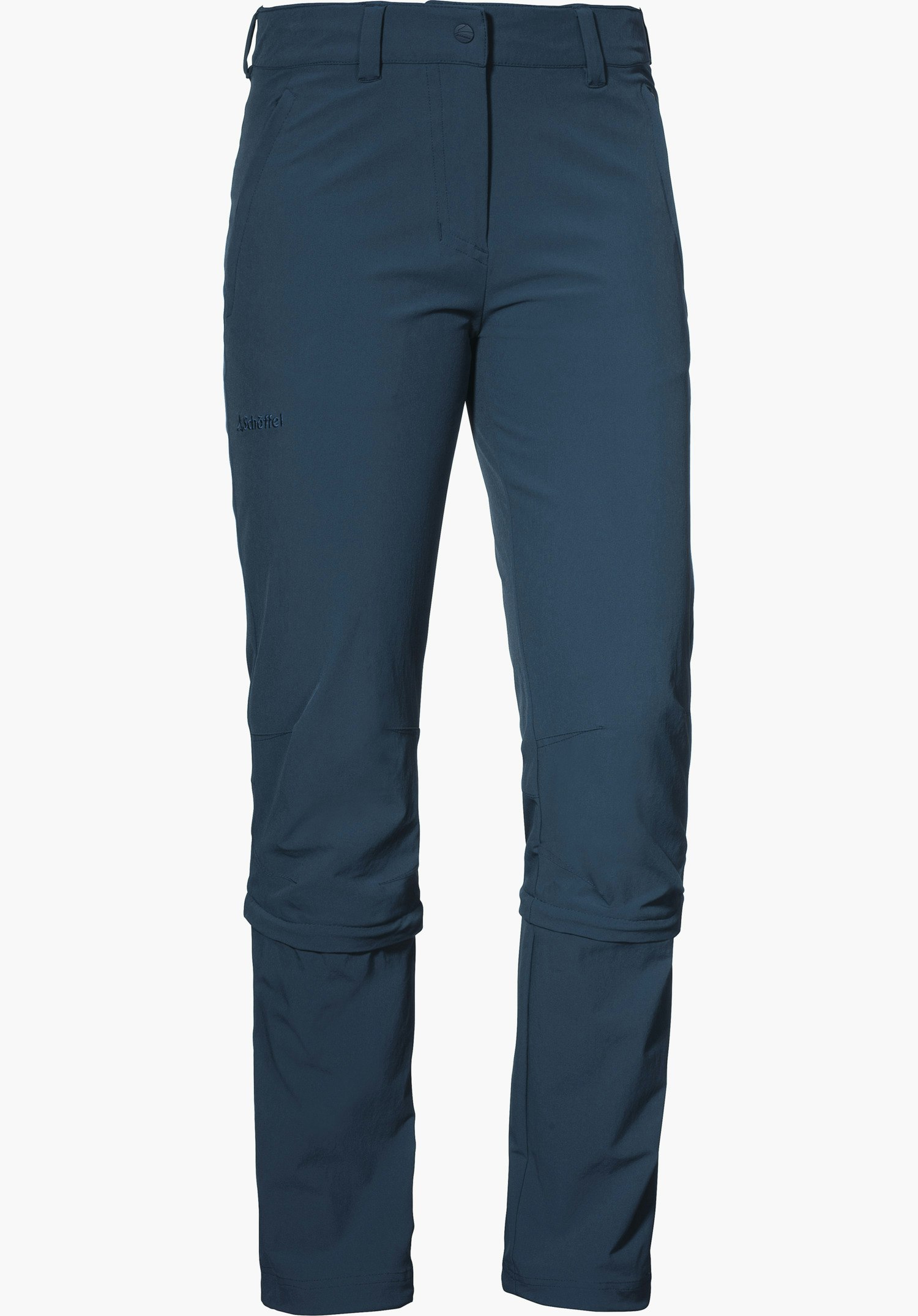 Pants Engadin1 Zip Off dark blue outdoor trousers, front view, legs slightly bent; pockets on both sides, Schöffel logo on the waistband; “Schöffel” lettering on the thigh; white background.