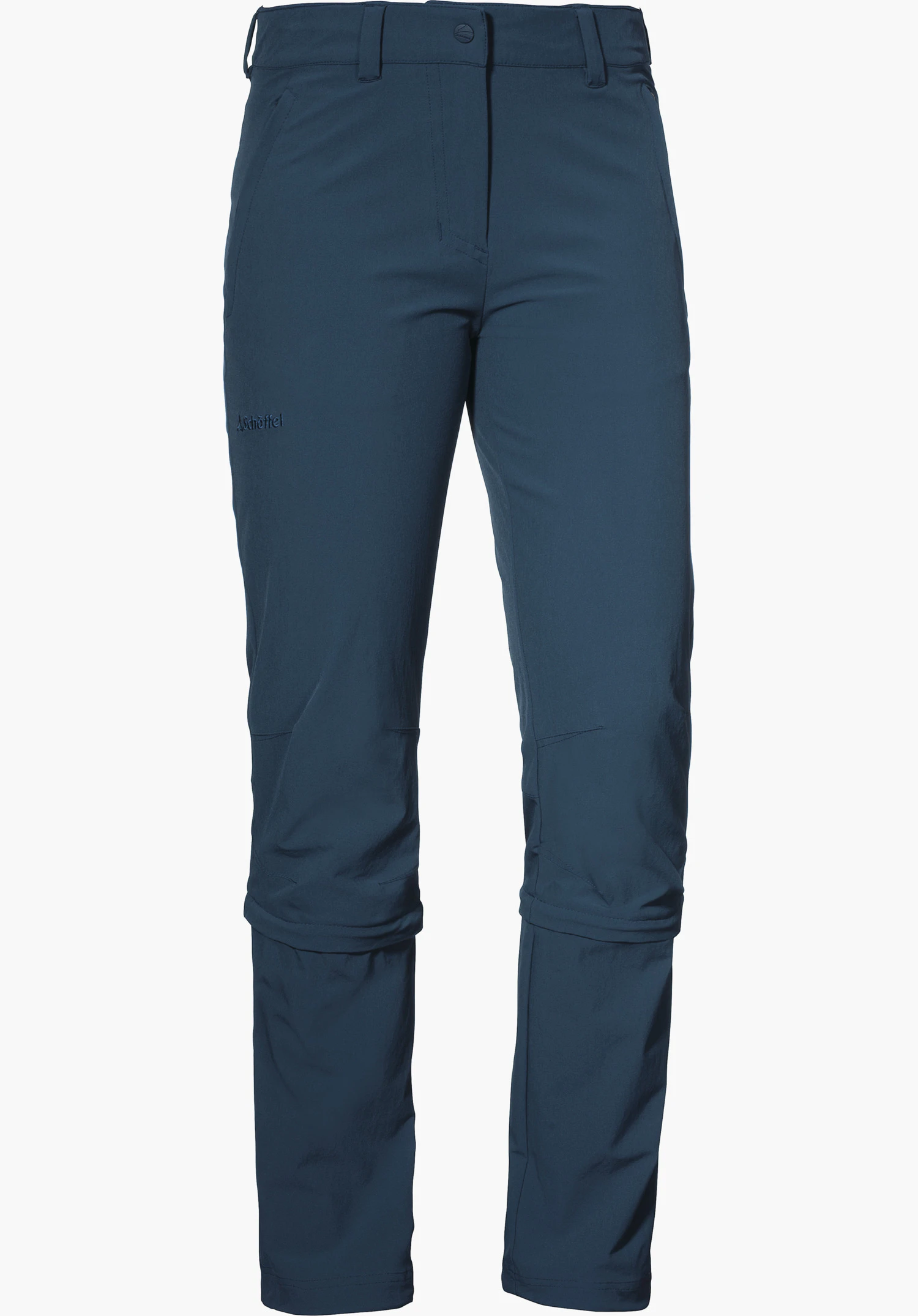 Pants Engadin1 Zip Off Dunkelblaue Outdoor-Hose, frontal präsentiert, leicht angewinkelte Beine; Hosentaschen beidseitig, Schöffel-Logo am Bund; Schriftzug "Schöffel" auf Oberschenkel; weißer Hintergrund.