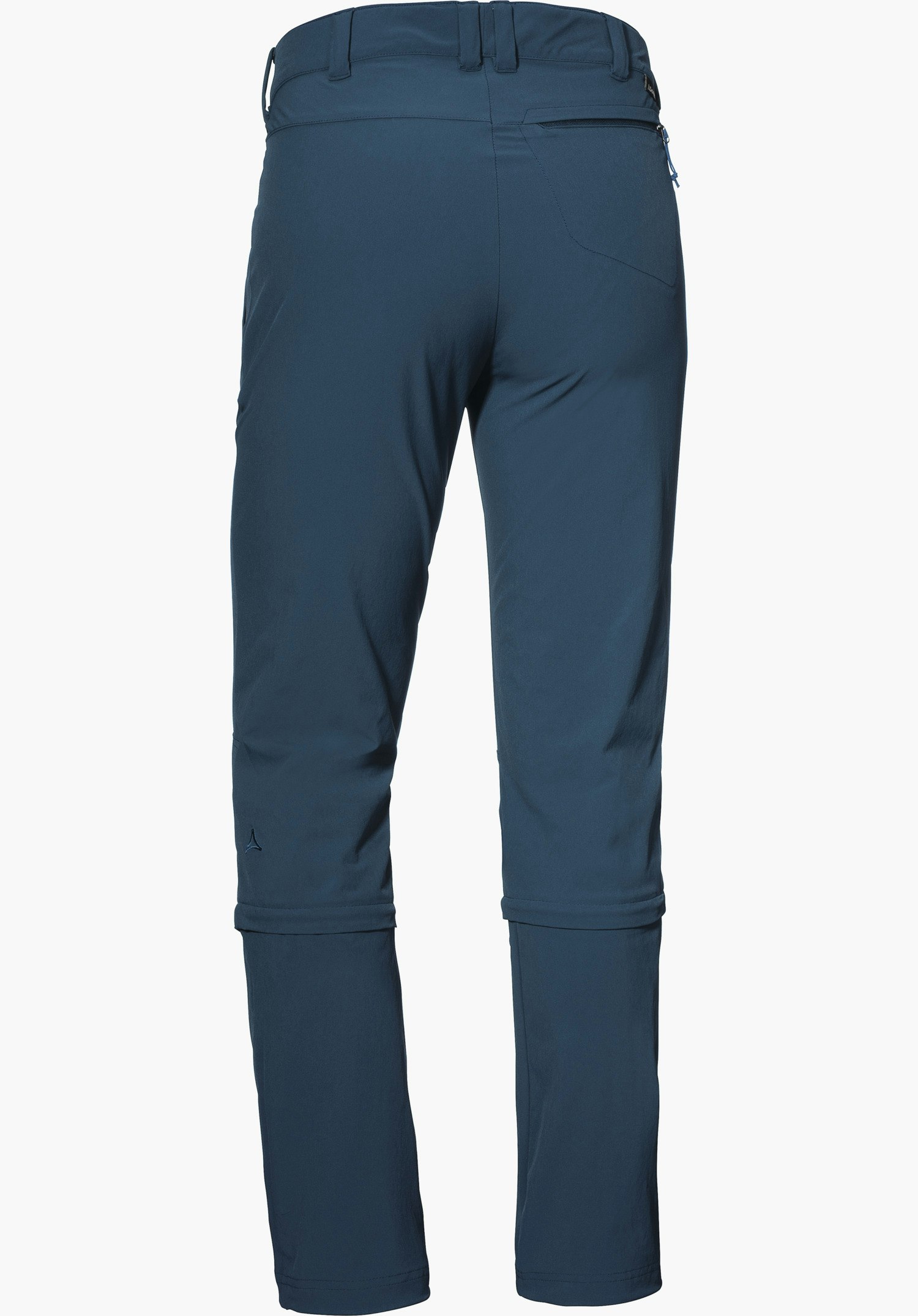 Pants Engadin1 Zip Off dark blue trousers, rear view; trouser legs removable via zip, zip pocket at back right, Schöffel logo on the left lower leg, white background.
