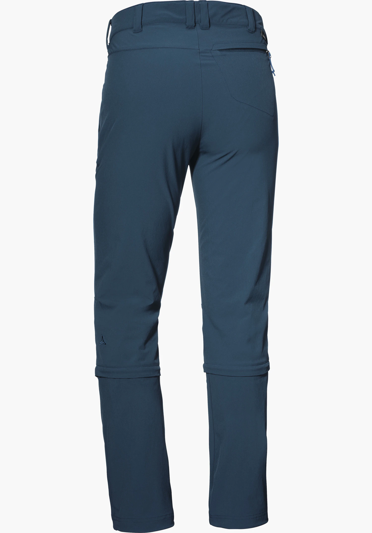 Pants Engadin1 Zip Off Pantalon bleu foncé zip-off, vue de dos; jambes amovibles par zip, poche zippée arrière droite, logo Schöffel sur le bas de jambe gauche, fond blanc.