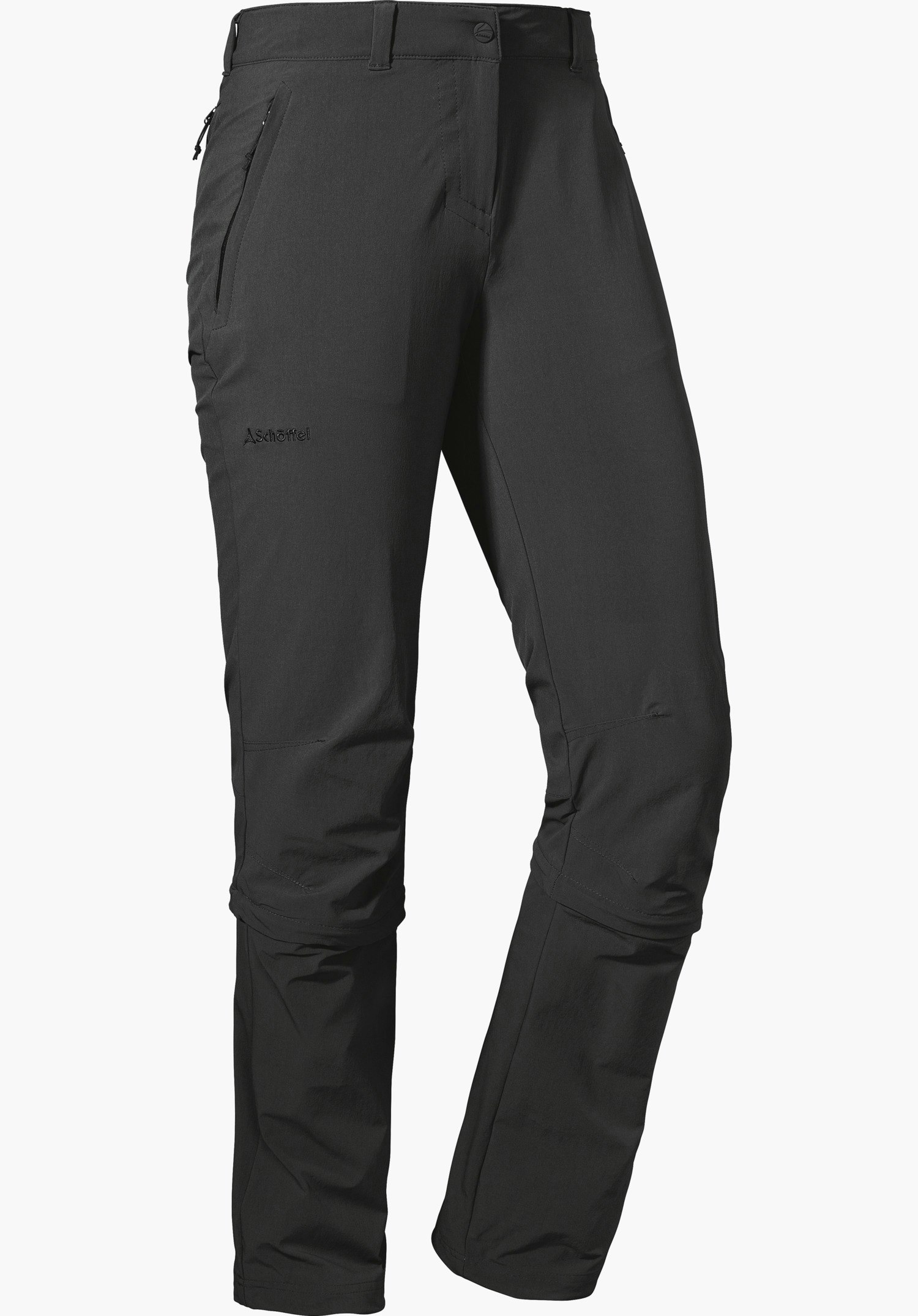 Pants Engadin1 Zip Off Hose Graue Outdoorhose, frontal präsentiert, leicht angewinkelte Beine; Hosentaschen beidseitig, Schöffel-Logo am Bund; Schriftzug "Schöffel" auf Oberschenkel; weißer Hintergrund.