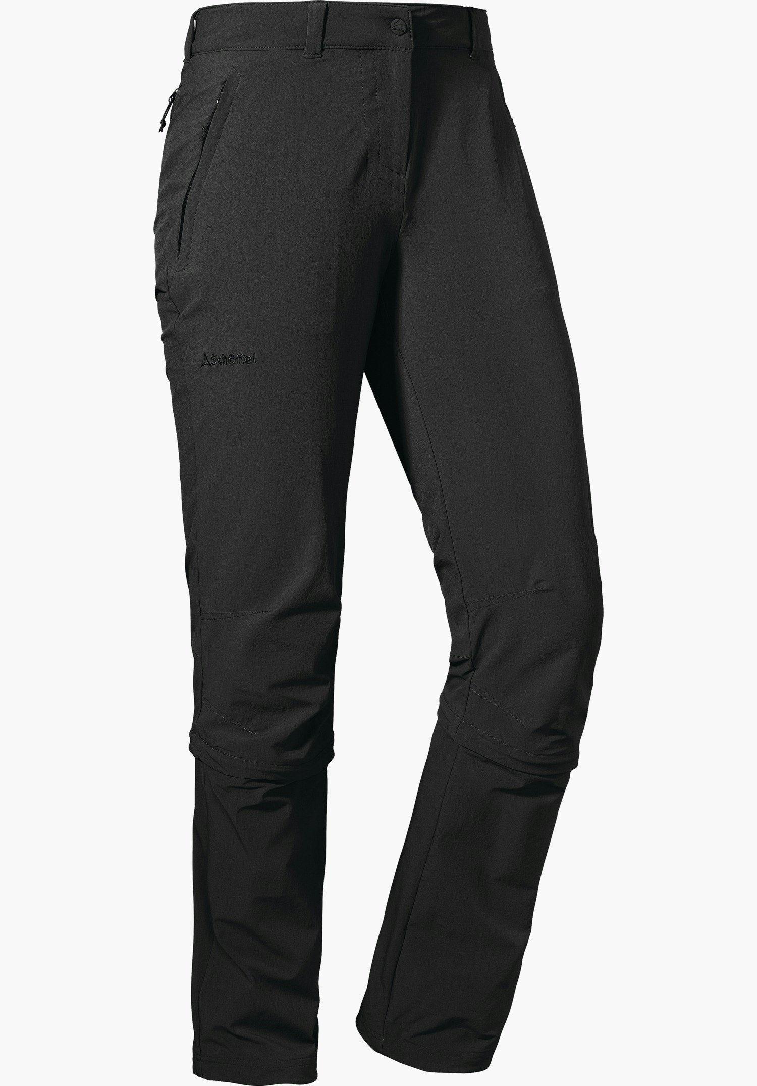 Pants Engadin1 Zip Off grey outdoor trousers, front view, legs slightly bent; pockets on both sides, Schöffel logo on the waistband; “Schöffel” lettering on the thigh; white background.
